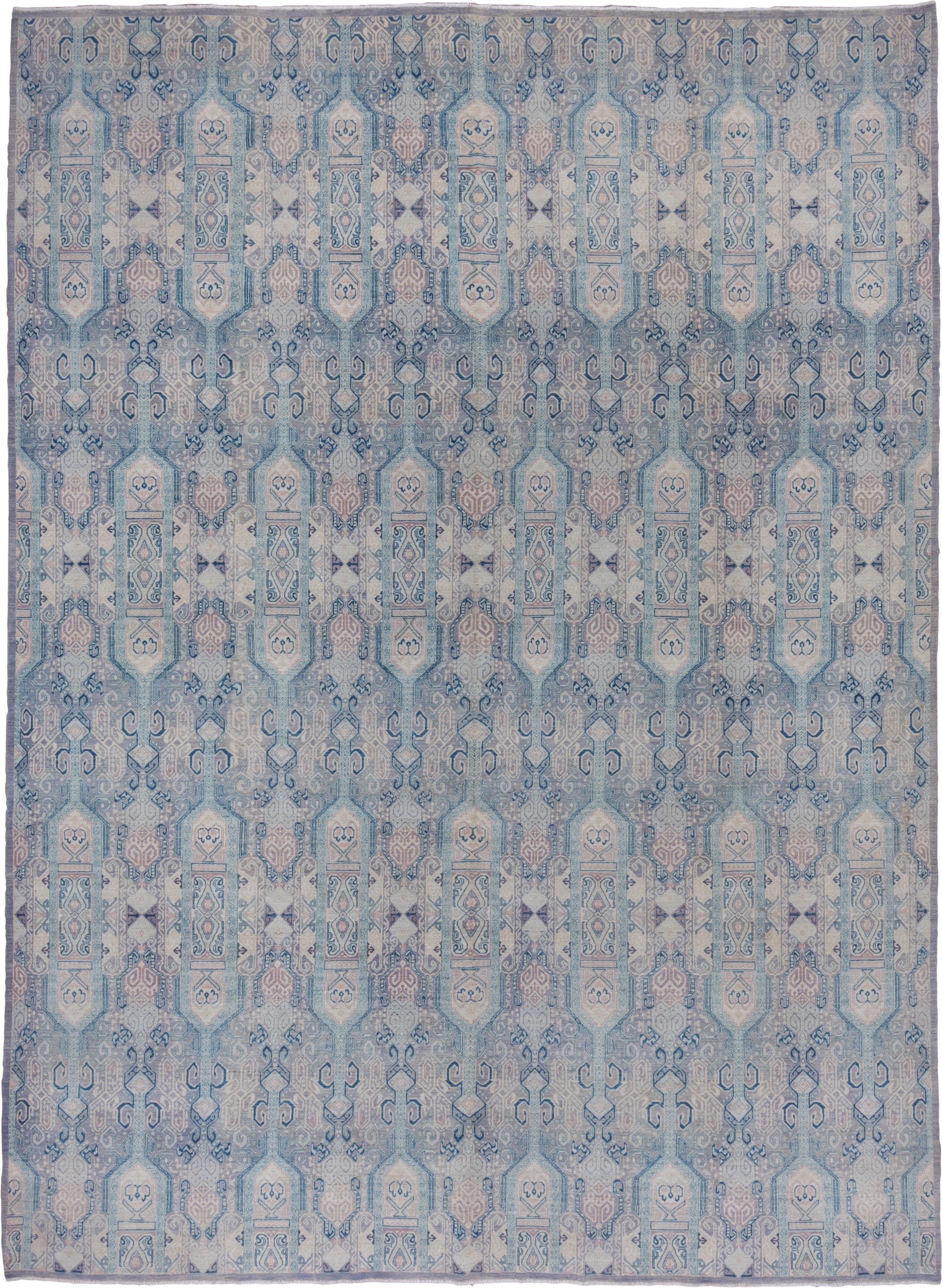 10' x 13' one-of-a-kind handmade vintage Afghan large size rug. Color palette: powder blue, ivory, pale lavender, slate