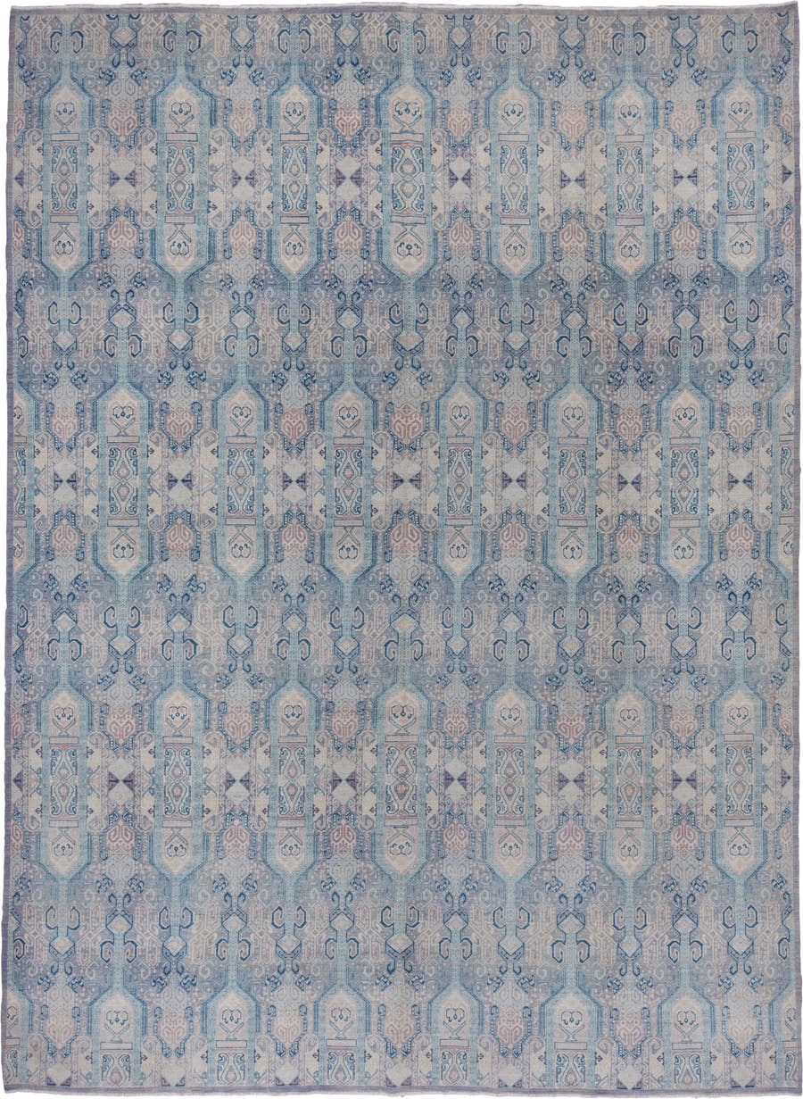 10' x 13' one-of-a-kind handmade vintage Afghan large size rug. Color palette: powder blue, ivory, pale lavender, slate