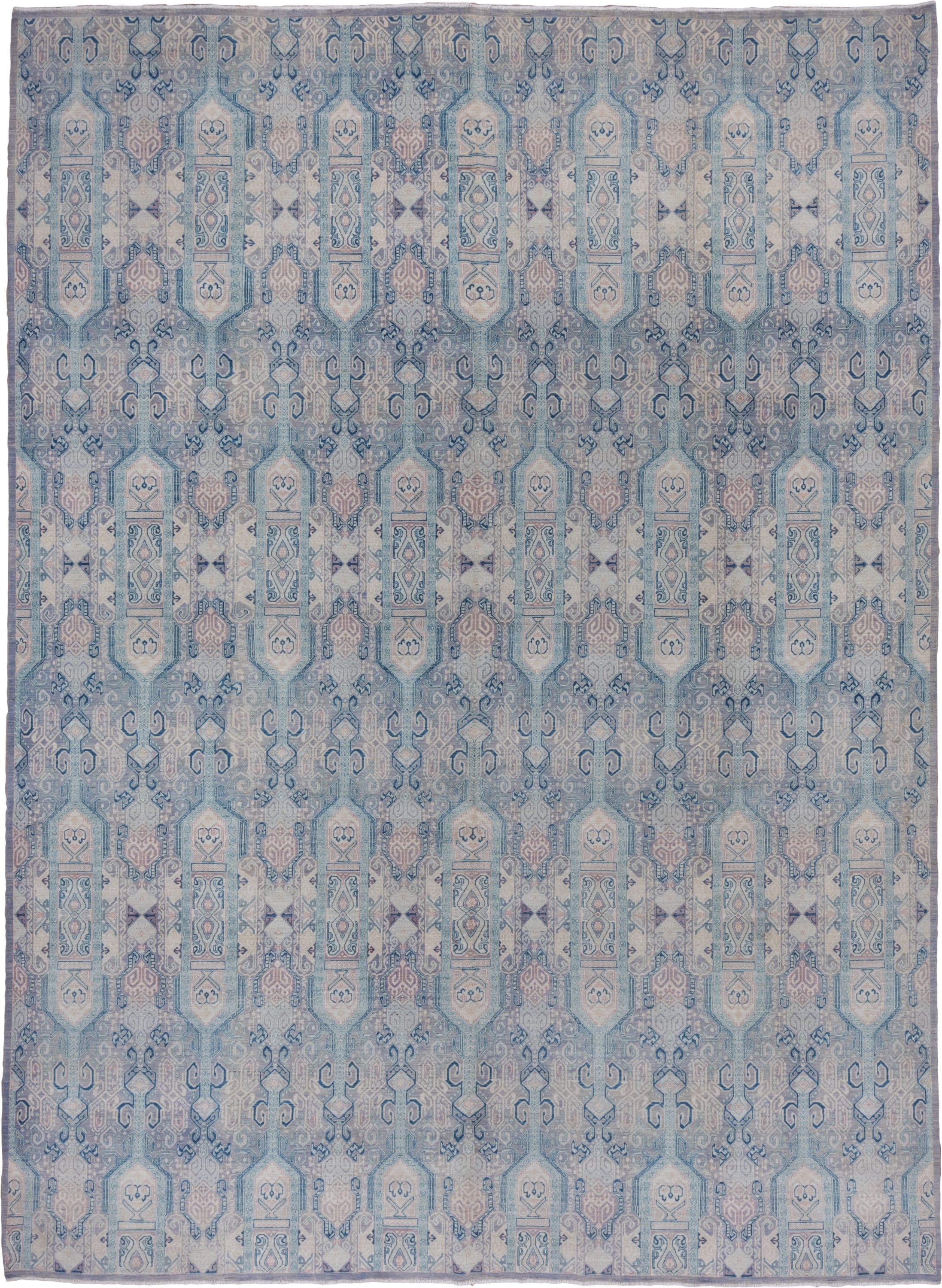 10' x 13' one-of-a-kind handmade vintage Afghan large size rug. Color palette: powder blue, ivory, pale lavender, slate