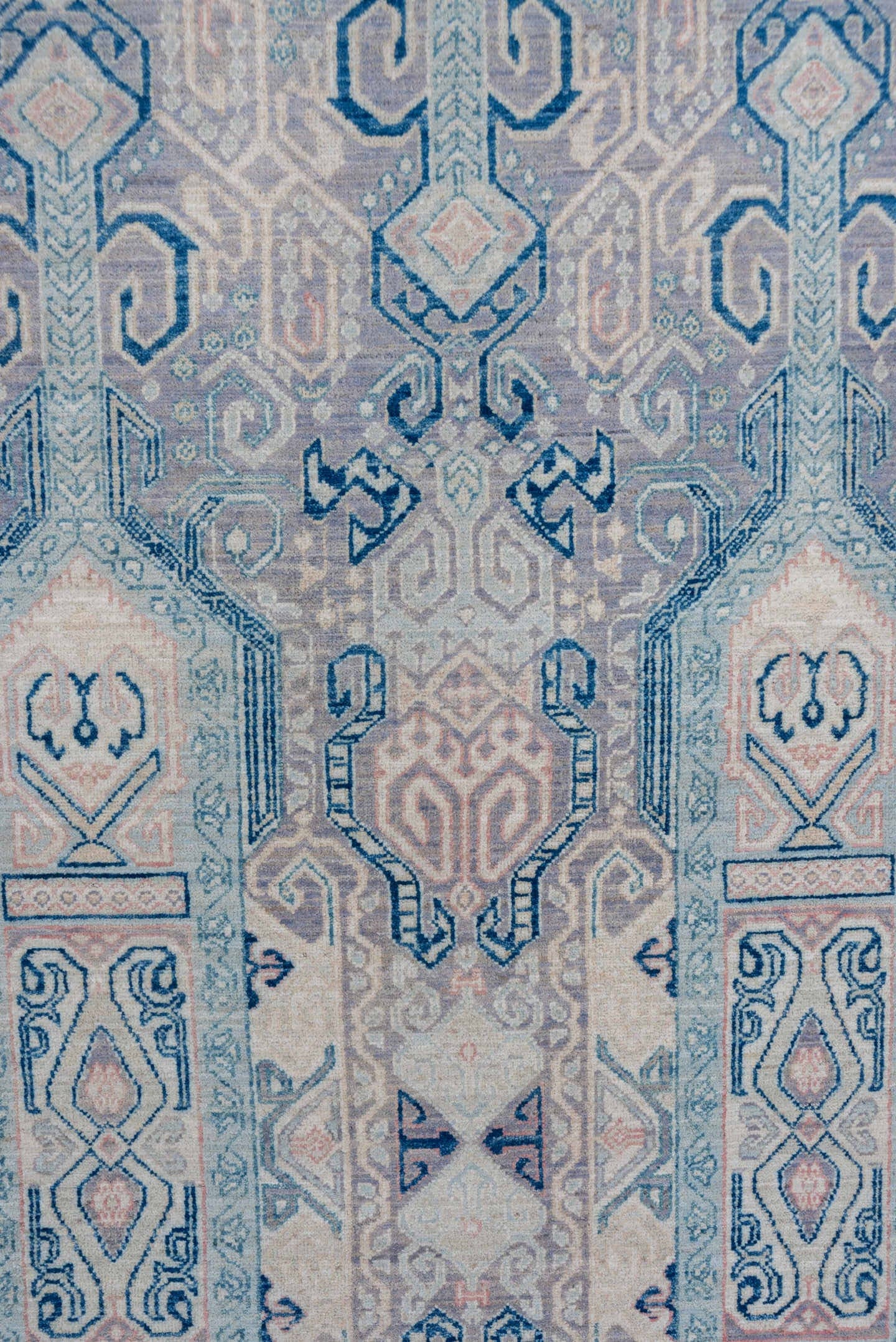 10' x 13' one-of-a-kind handmade vintage Afghan large size rug. Color palette: powder blue, ivory, pale lavender, slate