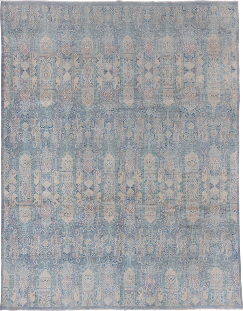 7' x 10' one-of-a-kind handmade vintage Afghan large size rug. Color palette: sky blue, ivory, pale blue, slate, taupe