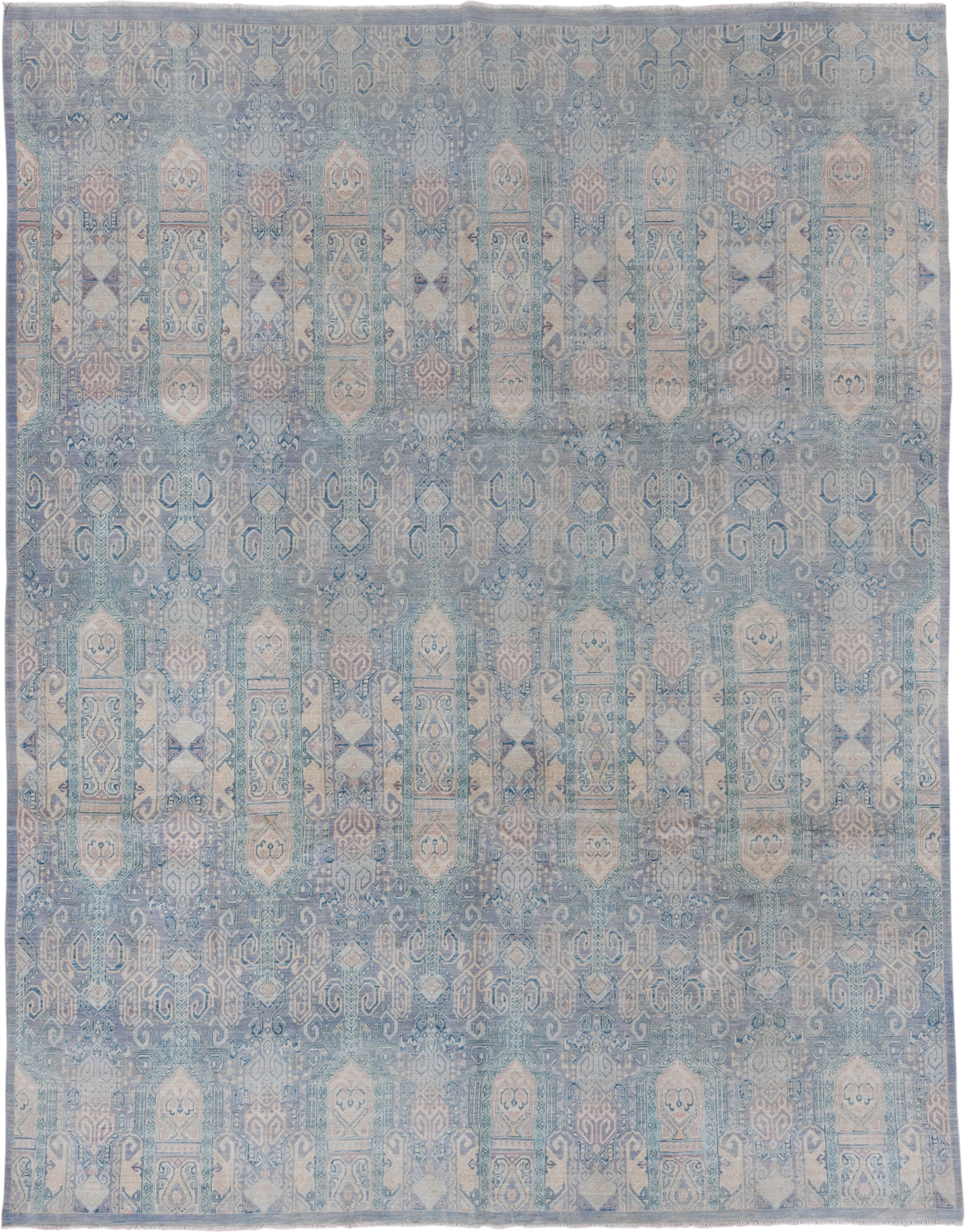 7' x 10' one-of-a-kind handmade vintage Afghan large size rug. Color palette: sky blue, ivory, pale blue, slate, taupe
