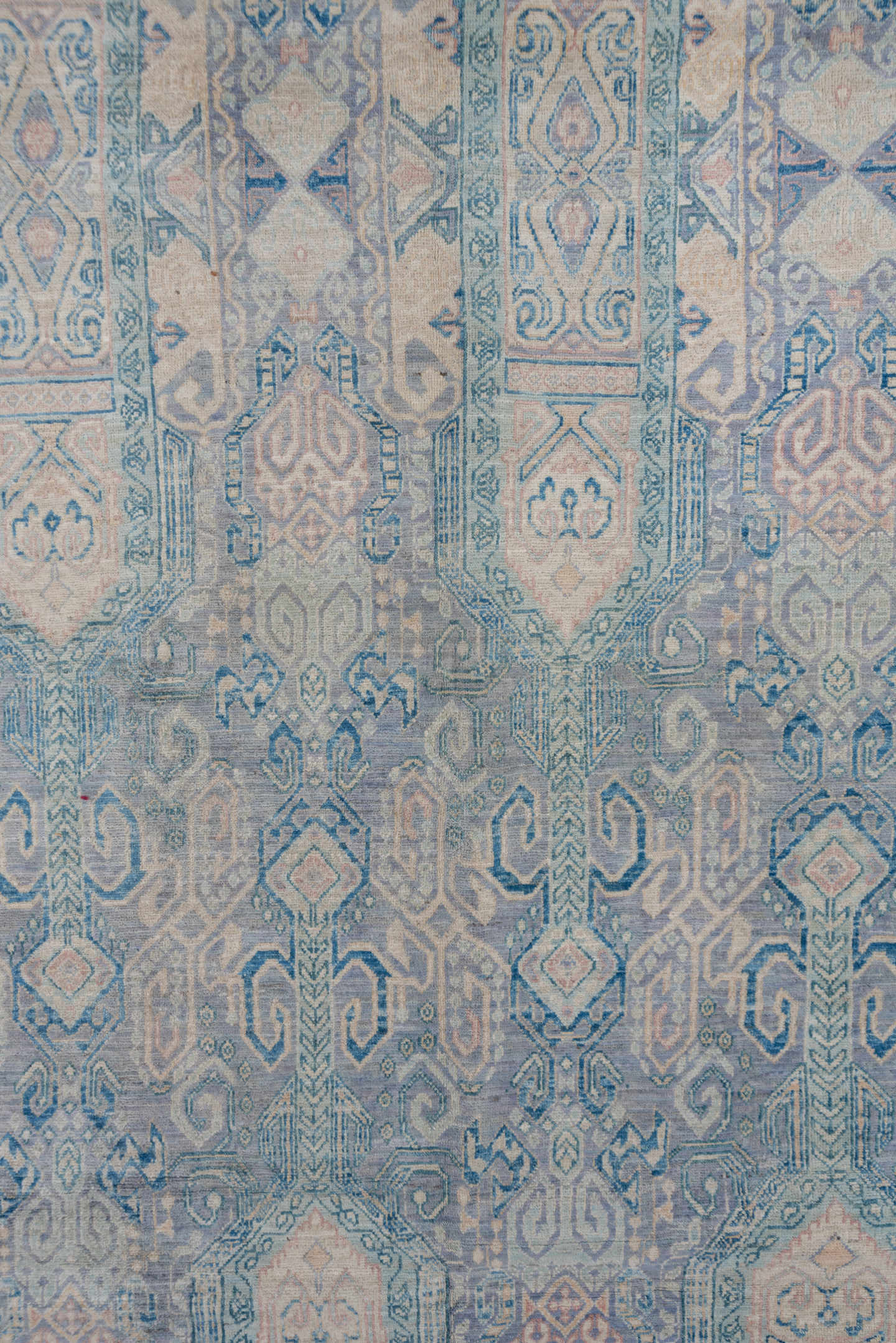 7' x 10' one-of-a-kind handmade vintage Afghan large size rug. Color palette: sky blue, ivory, pale blue, slate, taupe