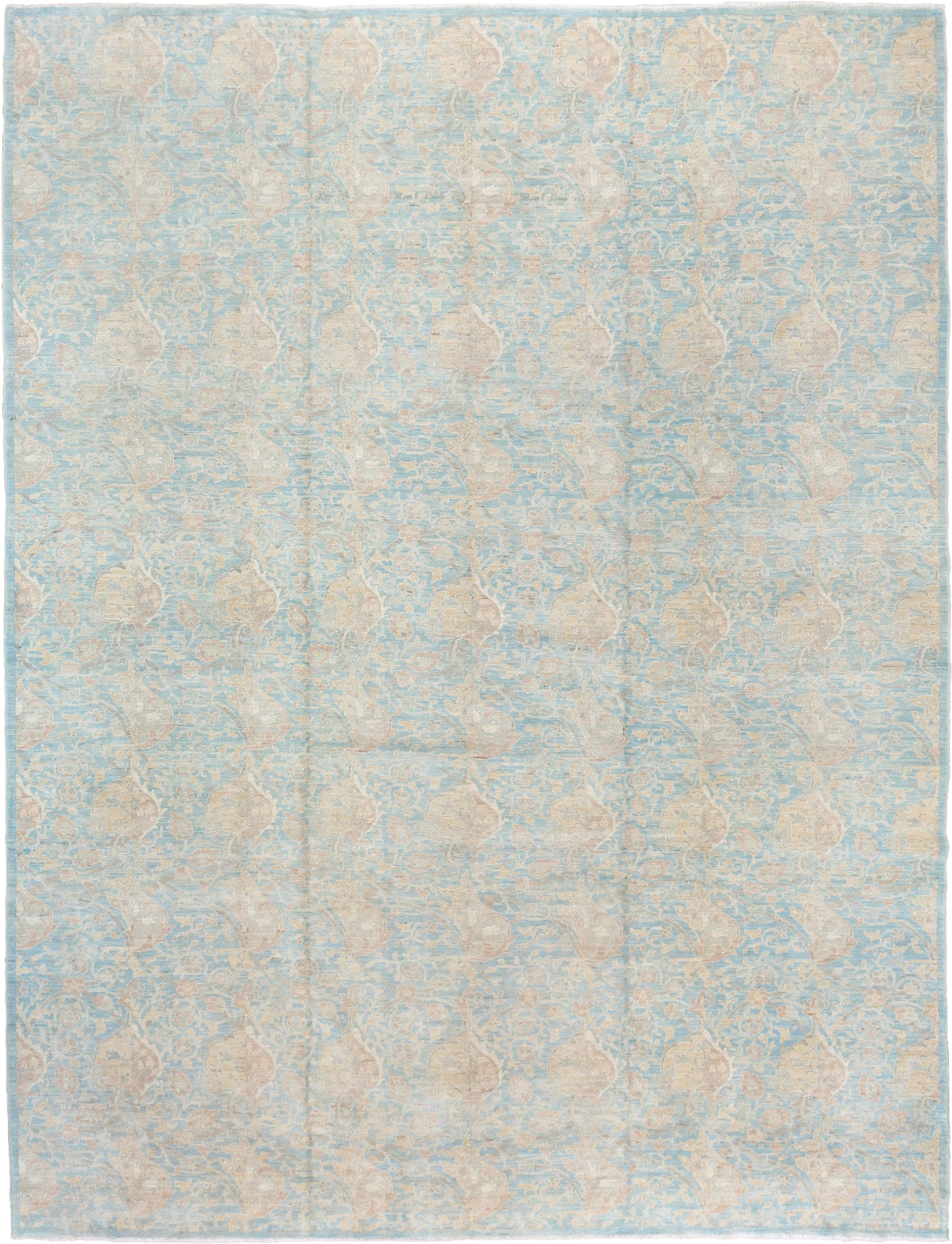 10' x 13' one-of-a-kind handmade vintage Afghan large size rug. Color palette: sky blue, ivory, cream, blush, taupe