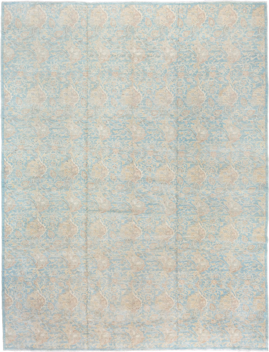 10' x 13' one-of-a-kind handmade vintage Afghan large size rug. Color palette: sky blue, ivory, cream, blush, taupe