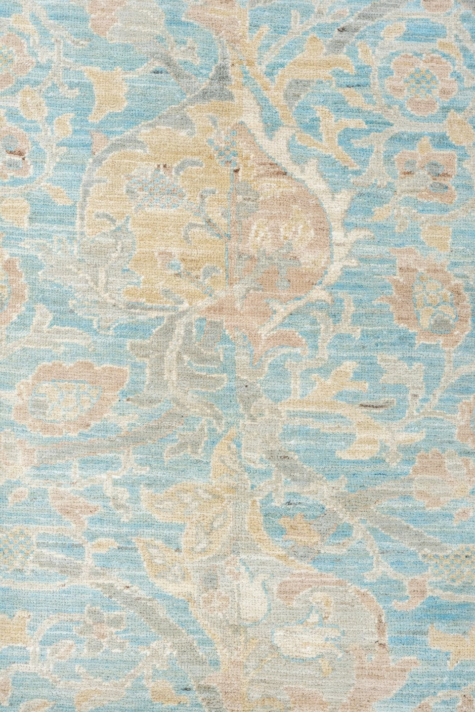 10' x 13' one-of-a-kind handmade vintage Afghan large size rug. Color palette: sky blue, ivory, cream, blush, taupe