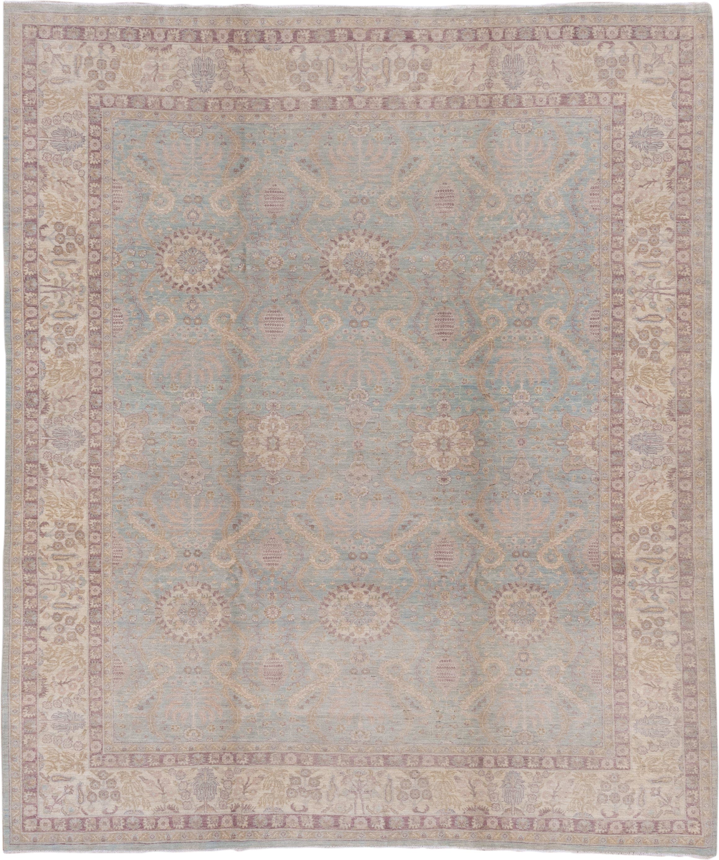 8' x 9' one-of-a-kind handmade vintage Afghan rug. Color palette: light blue, ivory, taupe, dusty rose, beige, lavender