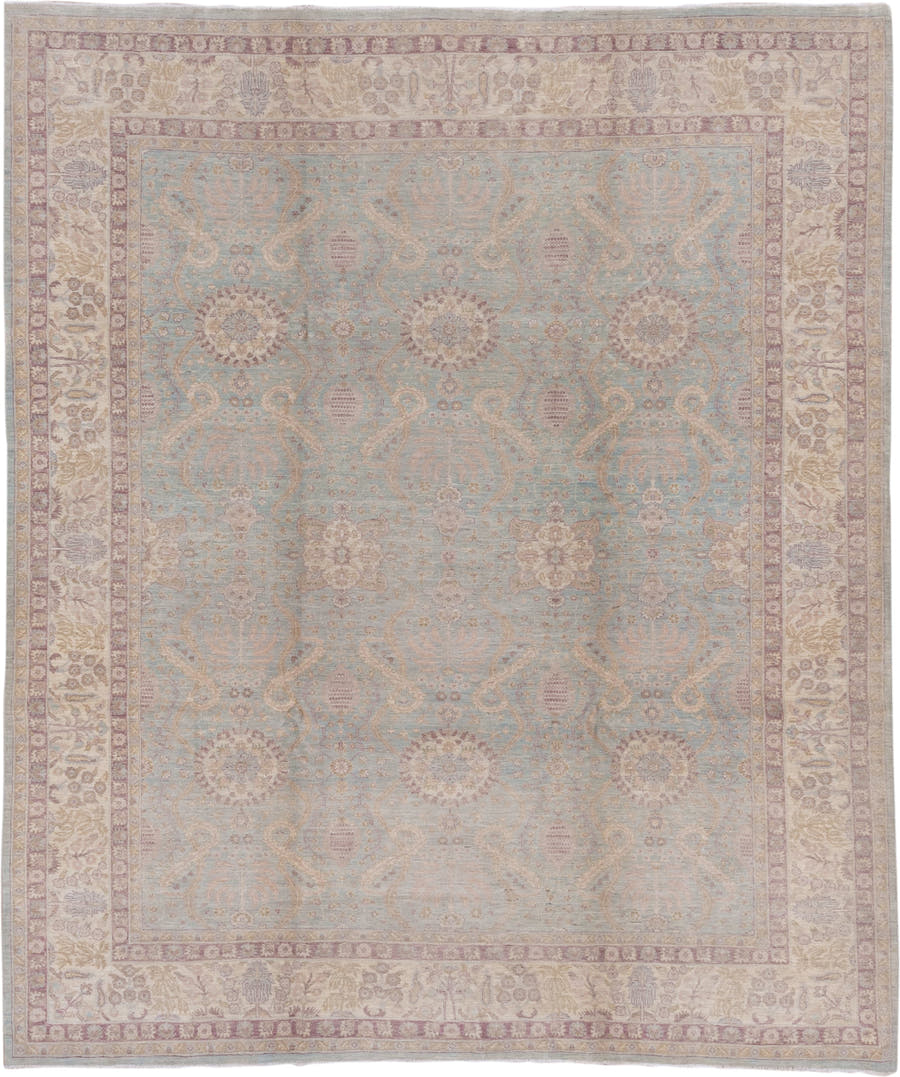 8' x 9' one-of-a-kind handmade vintage Afghan rug. Color palette: light blue, ivory, taupe, dusty rose, beige, lavender