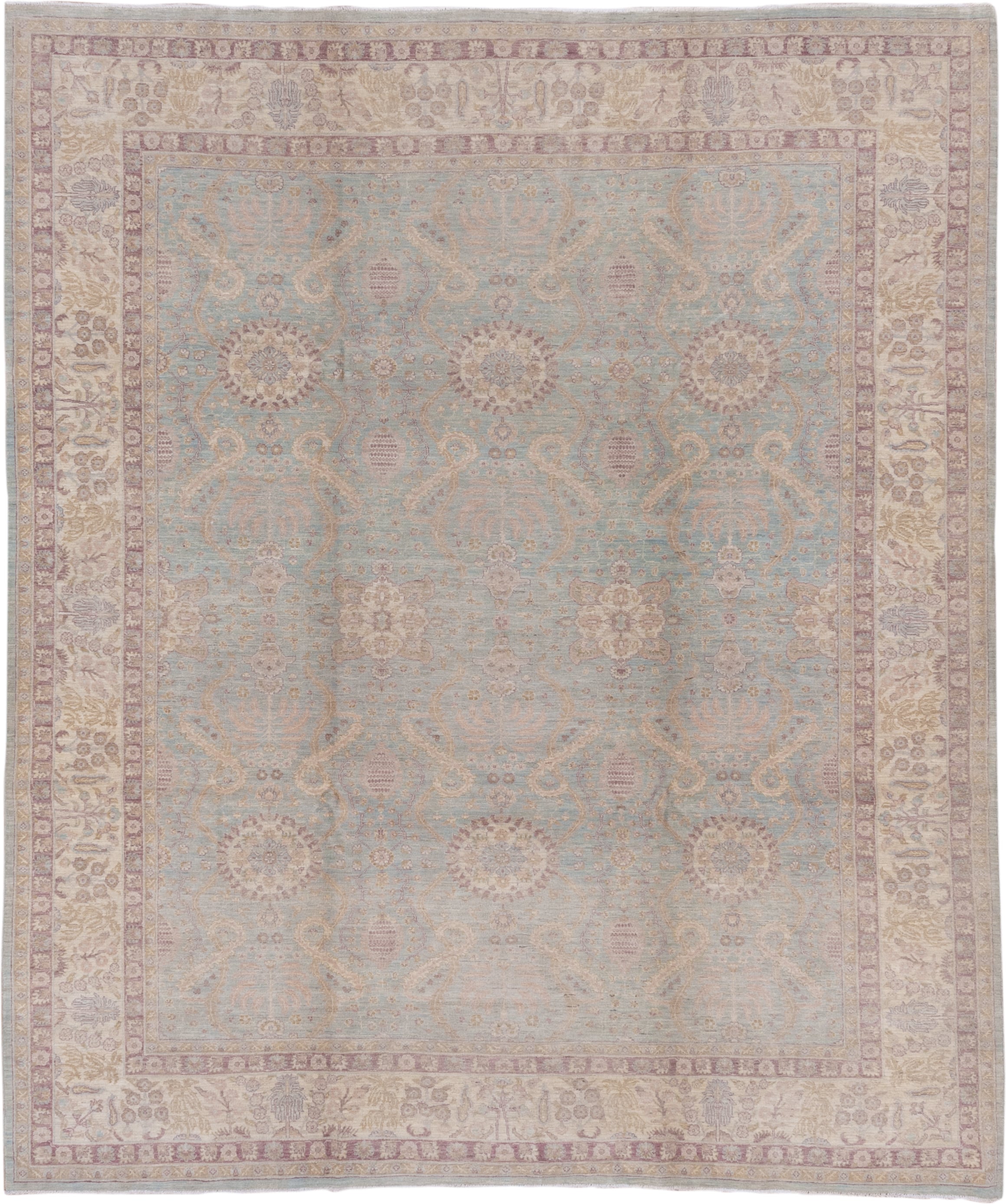 8' x 9' one-of-a-kind handmade vintage Afghan rug. Color palette: light blue, ivory, taupe, dusty rose, beige, lavender