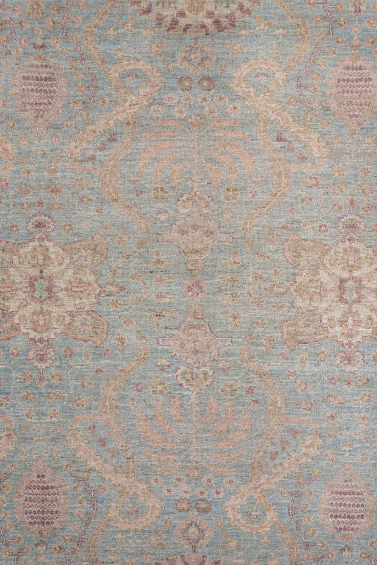 8' x 9' one-of-a-kind handmade vintage Afghan rug. Color palette: light blue, ivory, taupe, dusty rose, beige, lavender