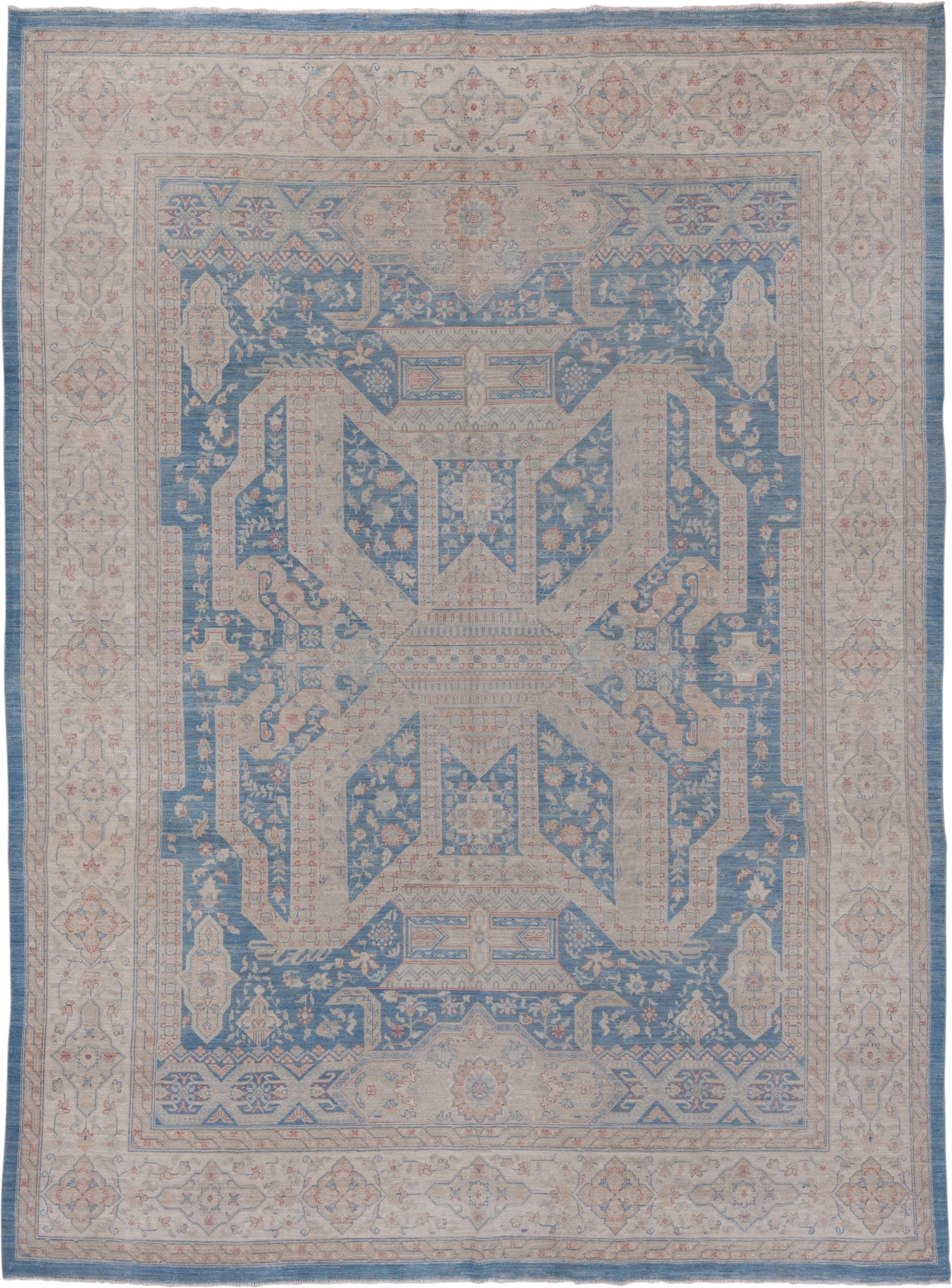 9' x 12' one-of-a-kind handmade vintage Afghan large size rug. Color palette: ivory, sky blue, powder blue, blush, taupe