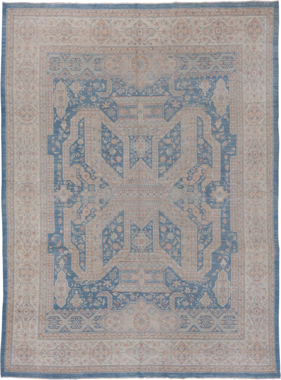 9' x 12' one-of-a-kind handmade vintage Afghan large size rug. Color palette: ivory, sky blue, powder blue, blush, taupe