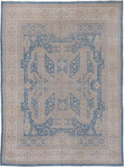9' x 12' one-of-a-kind handmade vintage Afghan large size rug. Color palette: ivory, sky blue, powder blue, blush, taupe