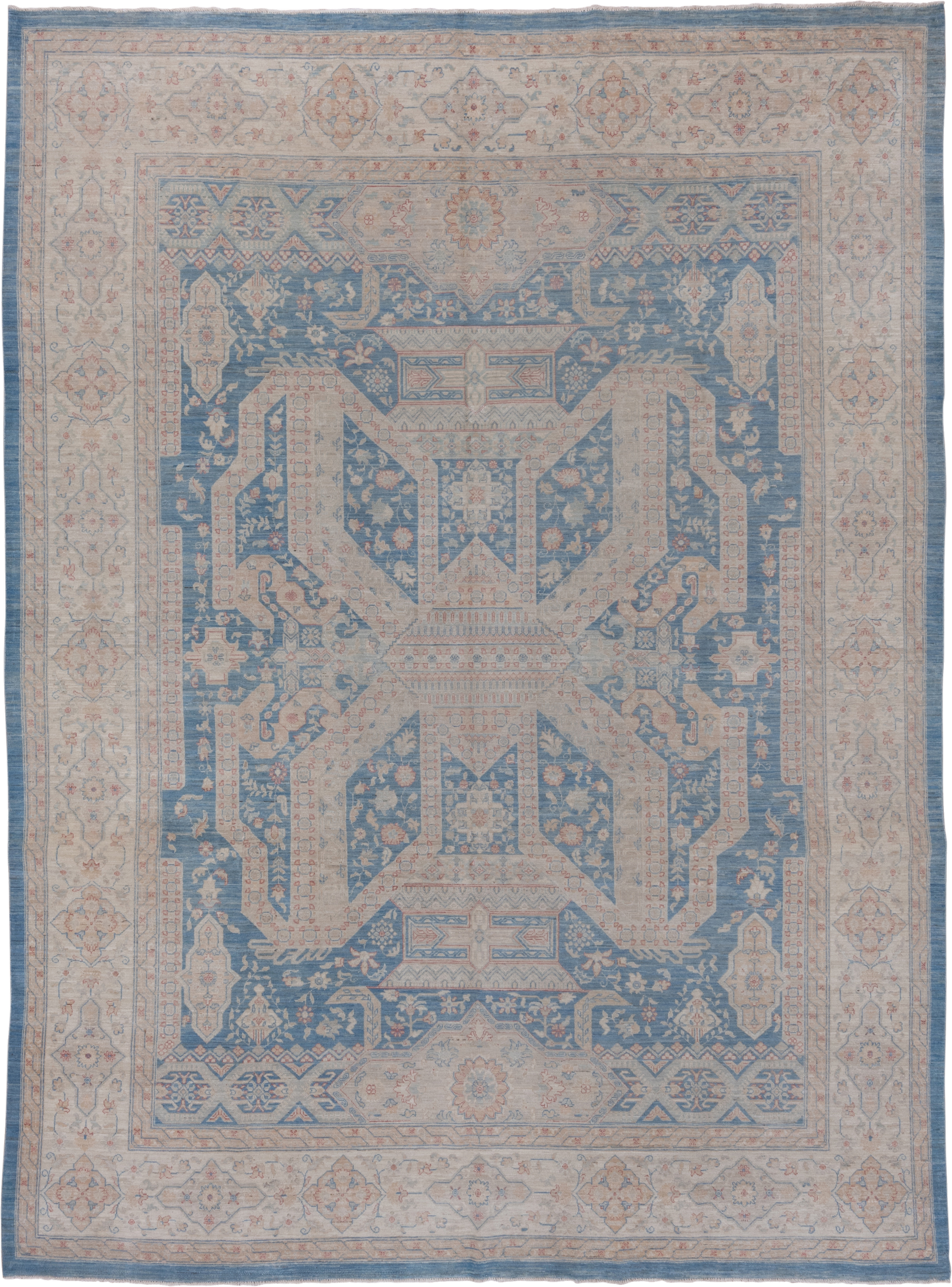 9' x 12' one-of-a-kind handmade vintage Afghan large size rug. Color palette: ivory, sky blue, powder blue, blush, taupe