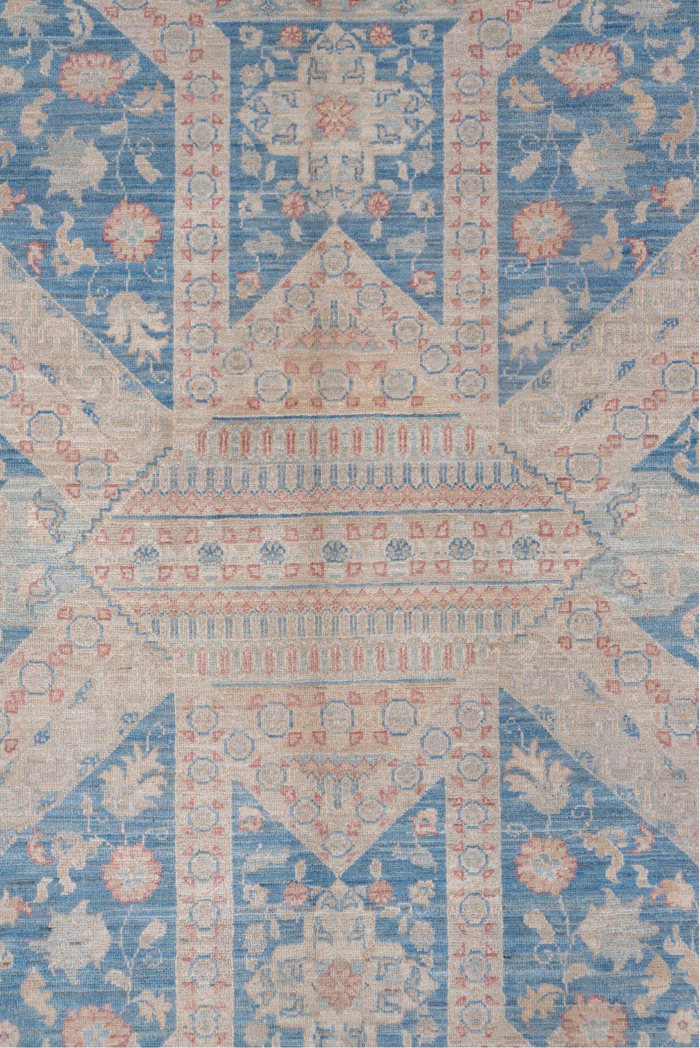 9' x 12' one-of-a-kind handmade vintage Afghan large size rug. Color palette: ivory, sky blue, powder blue, blush, taupe