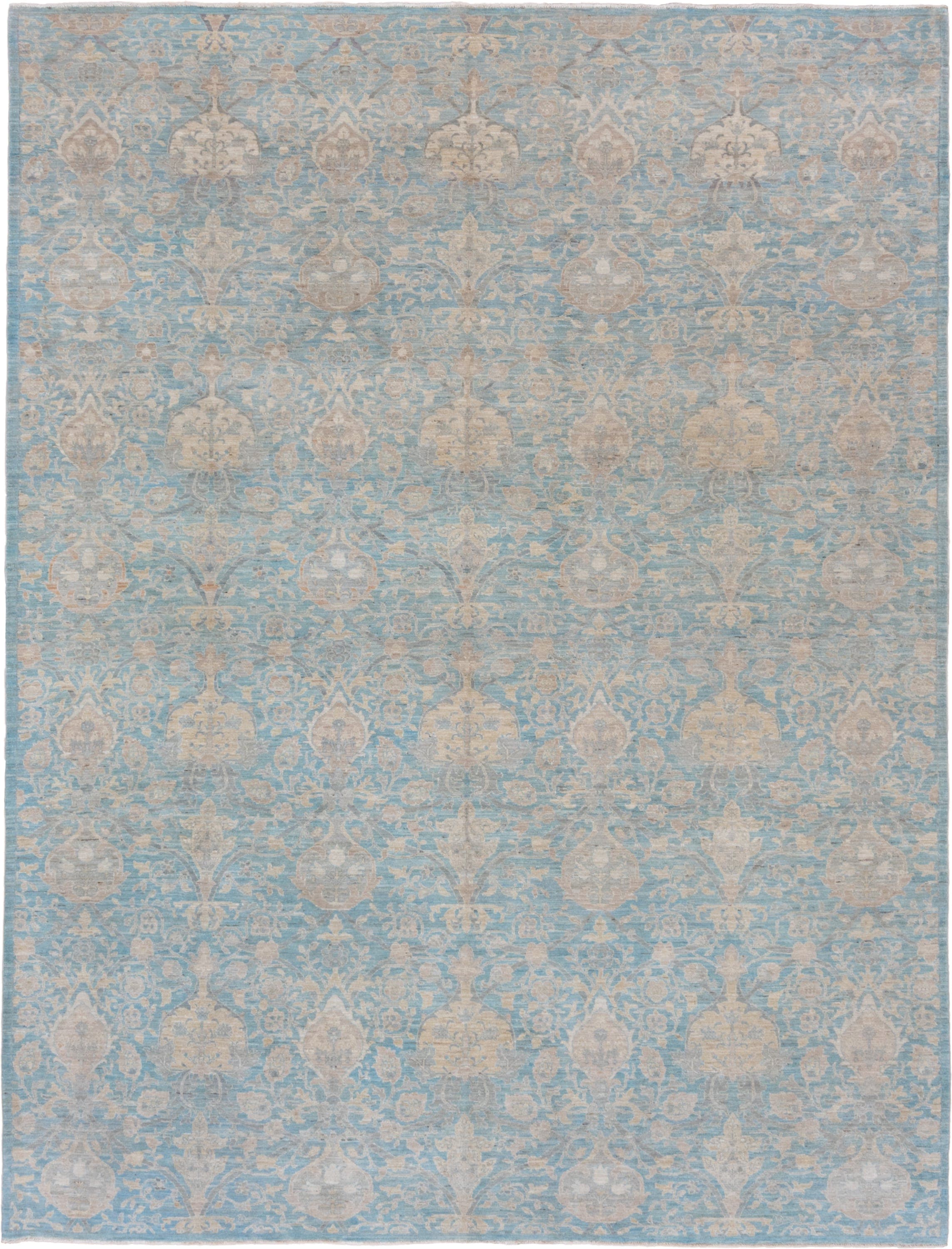 9' x 11' one-of-a-kind handmade vintage Afghan large size rug. Color palette: sky blue, ivory, beige, taupe, cream