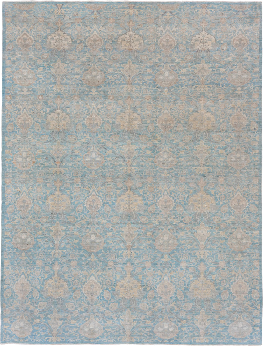 9' x 11' one-of-a-kind handmade vintage Afghan large size rug. Color palette: sky blue, ivory, beige, taupe, cream