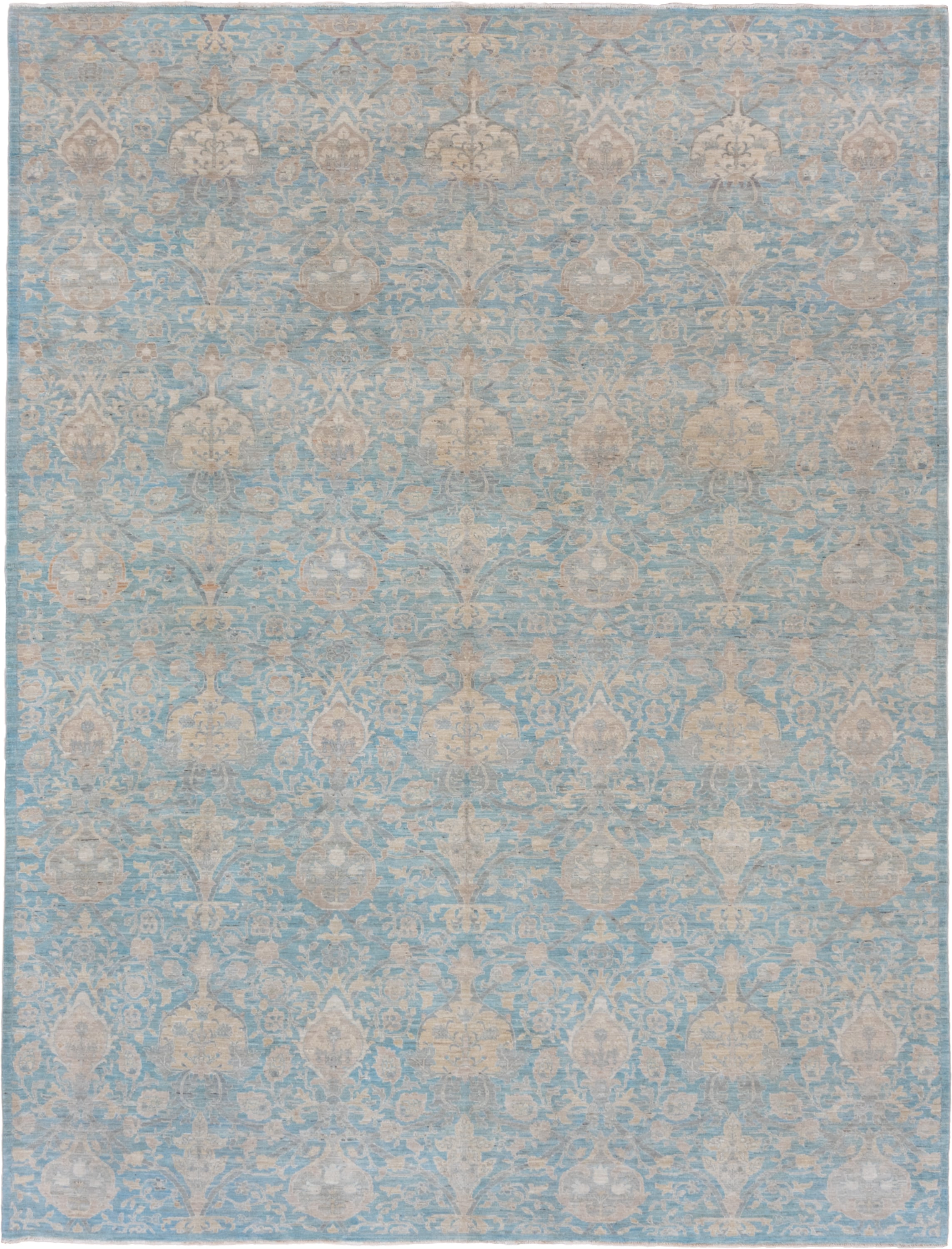 9' x 11' one-of-a-kind handmade vintage Afghan large size rug. Color palette: sky blue, ivory, beige, taupe, cream