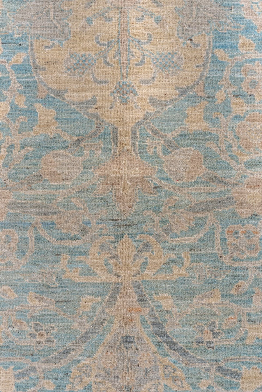 9' x 11' one-of-a-kind handmade vintage Afghan large size rug. Color palette: sky blue, ivory, beige, taupe, cream