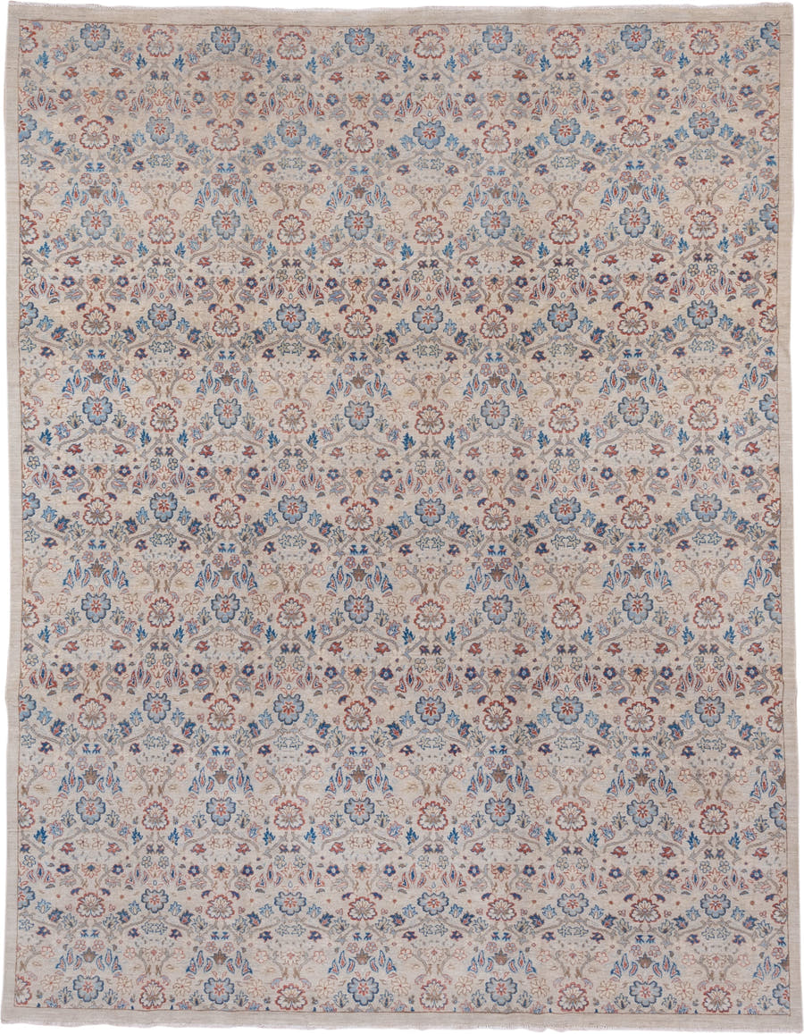 8' x 10' one-of-a-kind handmade vintage Afghan large size rug. Color palette: ivory, sky_blue, taupe, rust, slate, rose