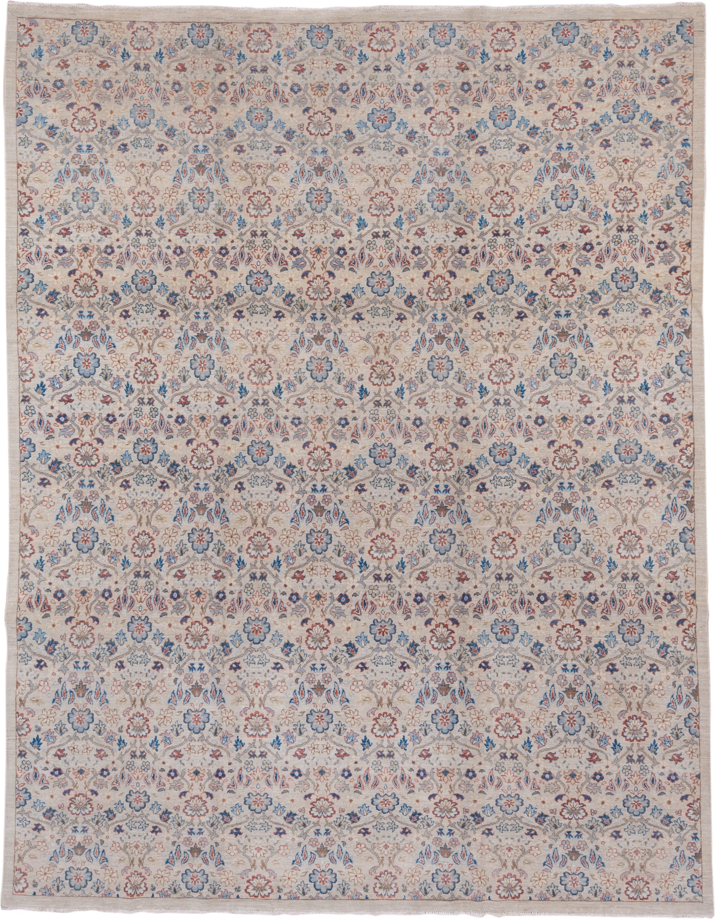 8' x 10' one-of-a-kind handmade vintage Afghan large size rug. Color palette: ivory, sky_blue, taupe, rust, slate, rose