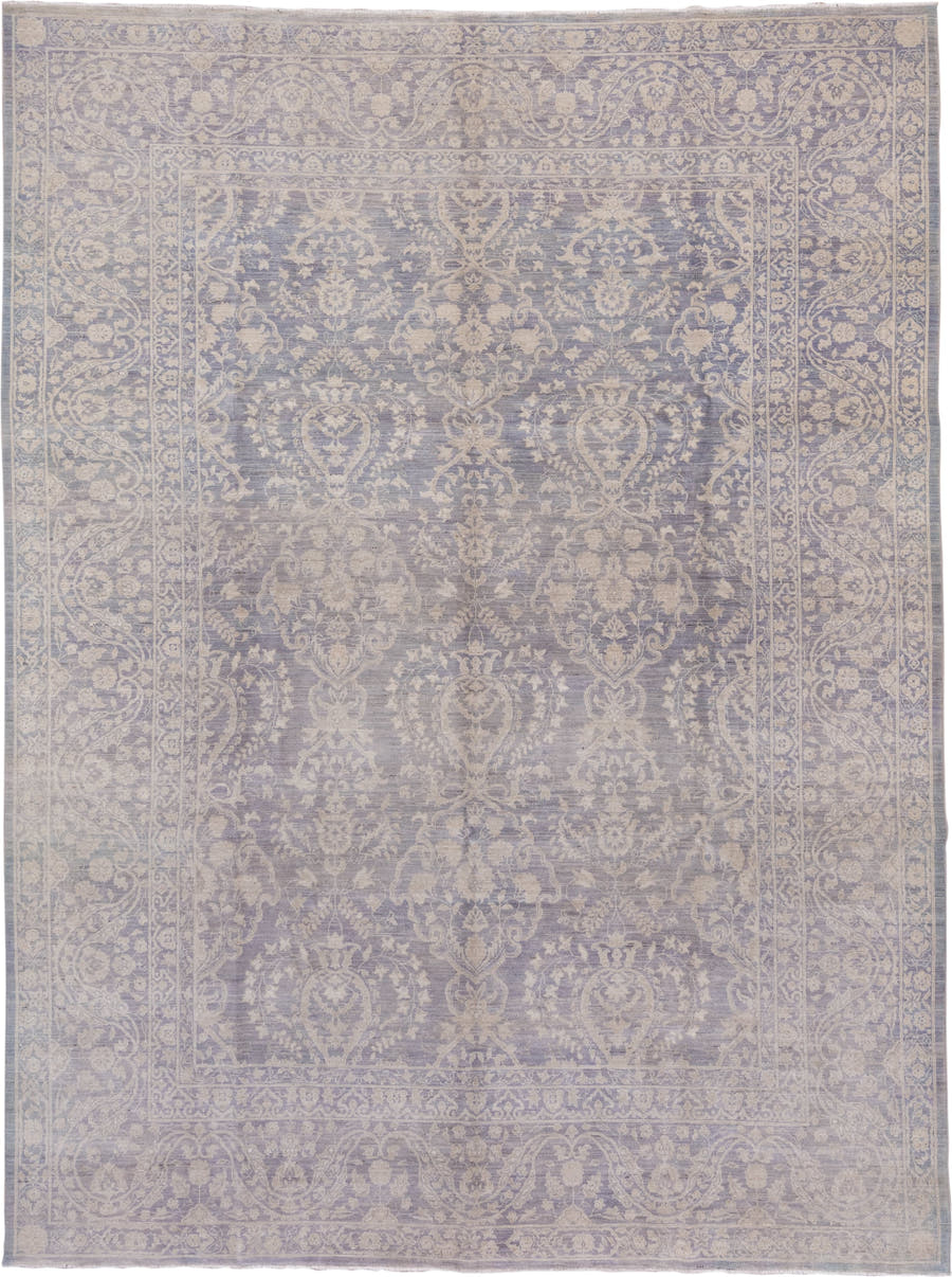 9' x 12' one-of-a-kind handmade vintage Afghan large size rug. Color palette: lavender, ivory, pale blue, taupe, light gray