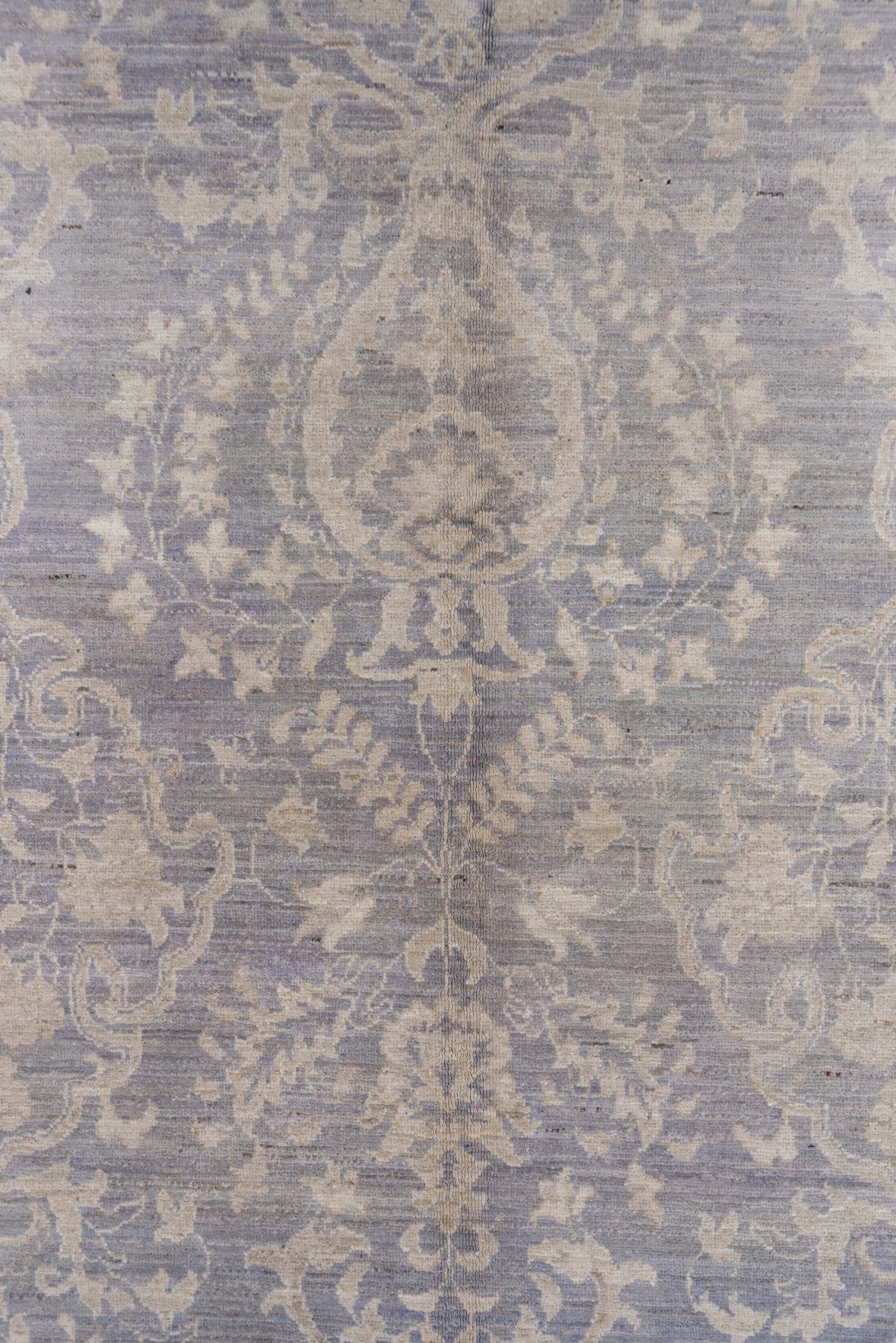 9' x 12' one-of-a-kind handmade vintage Afghan large size rug. Color palette: lavender, ivory, pale blue, taupe, light gray