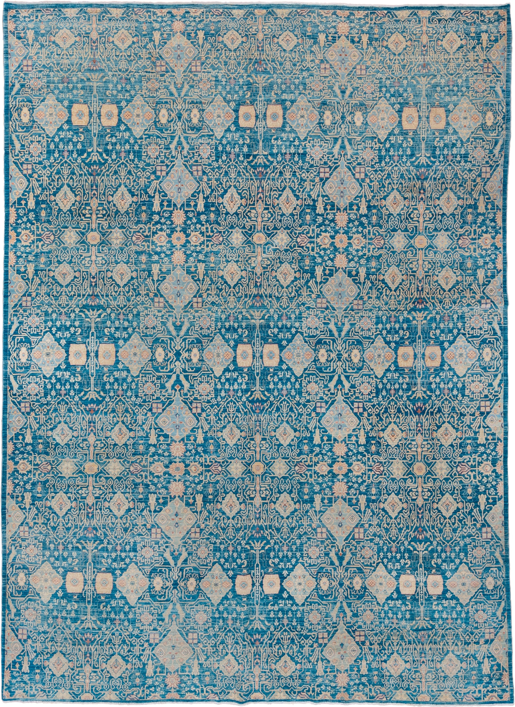 8' x 11' one-of-a-kind handmade vintage Afghan large size rug. Color palette: turquoise, ivory, sky blue, beige, sand, teal