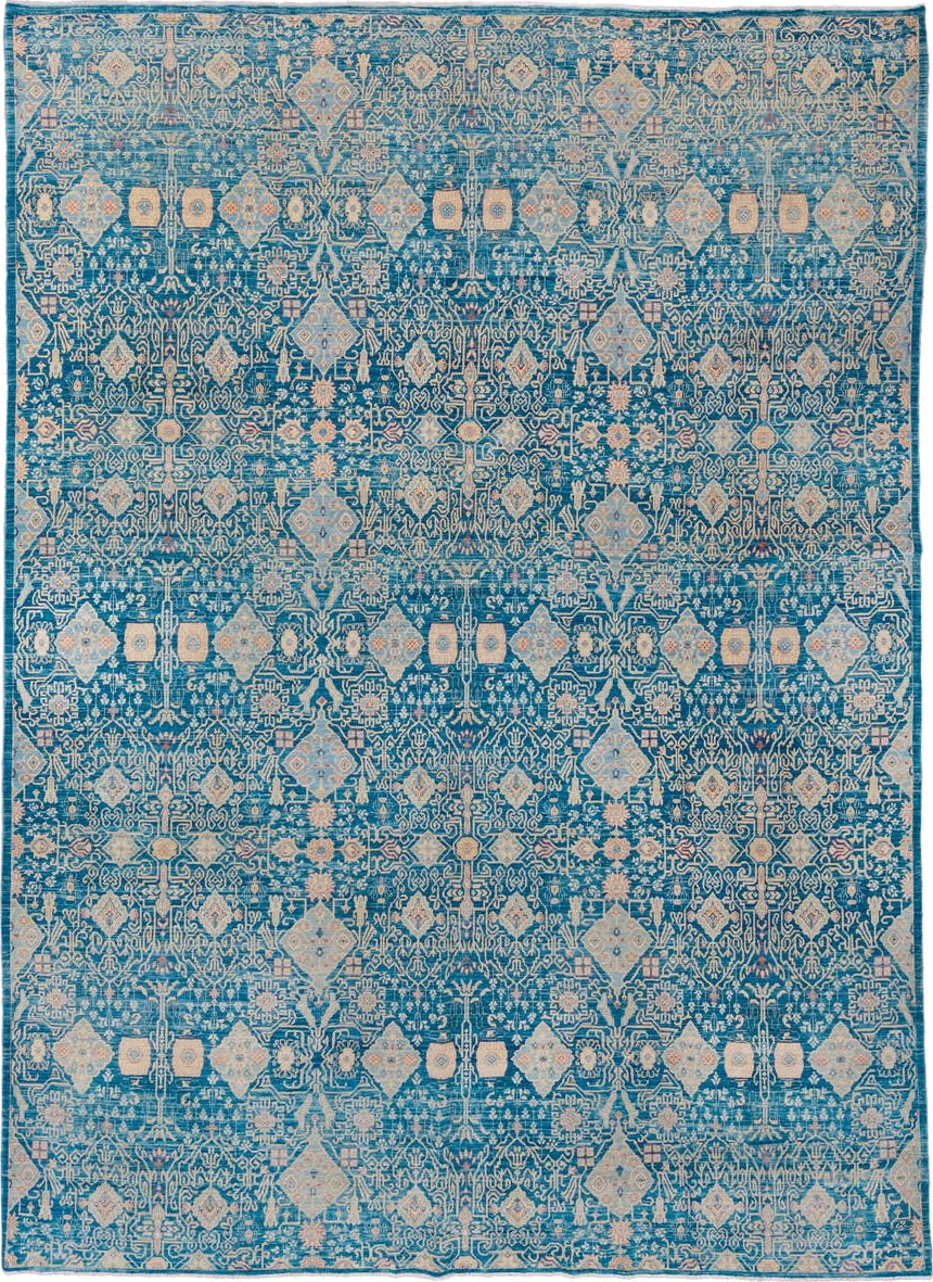 8' x 11' one-of-a-kind handmade vintage Afghan large size rug. Color palette: turquoise, ivory, sky blue, beige, sand, teal