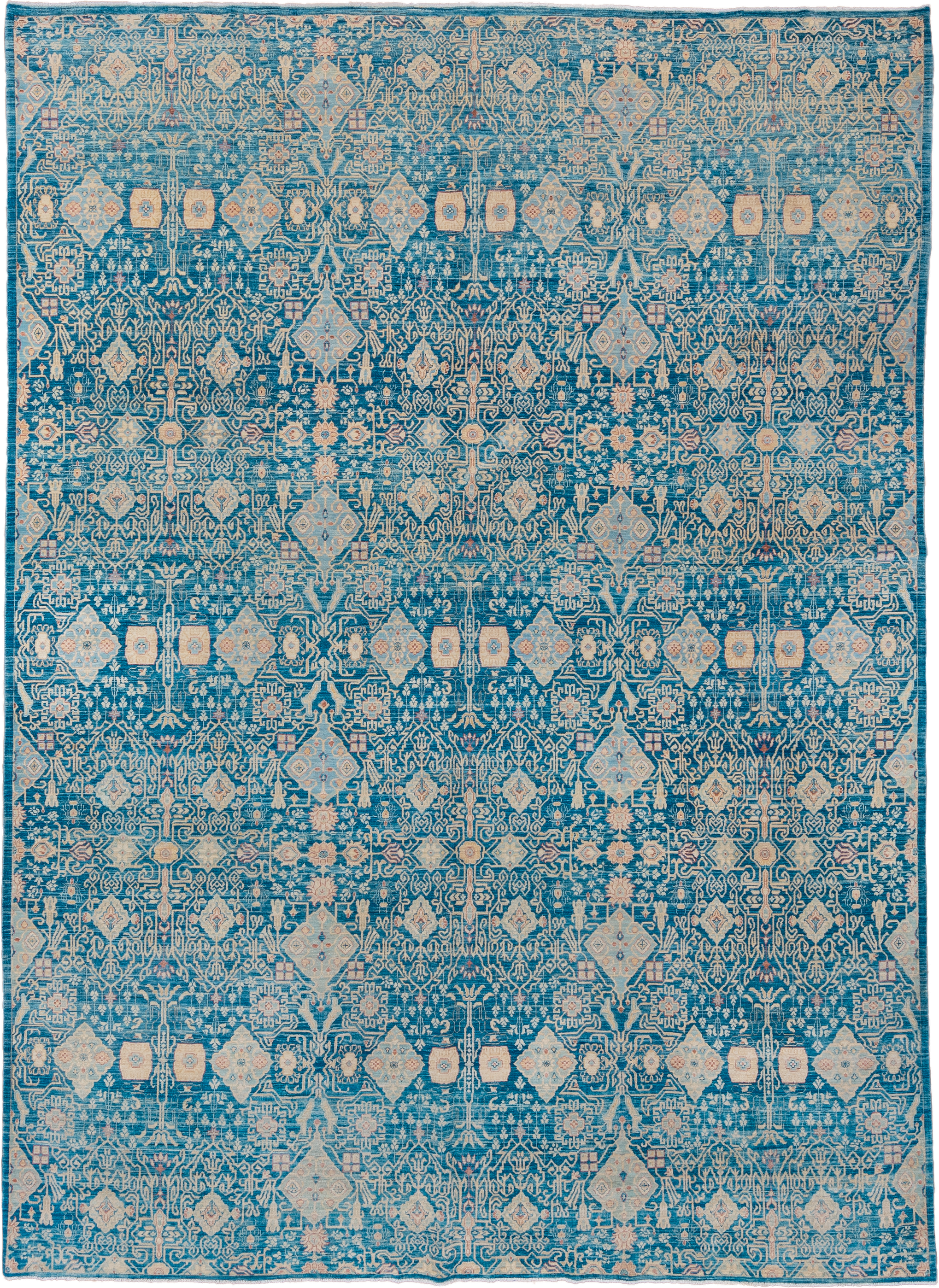 8' x 11' one-of-a-kind handmade vintage Afghan large size rug. Color palette: turquoise, ivory, sky blue, beige, sand, teal
