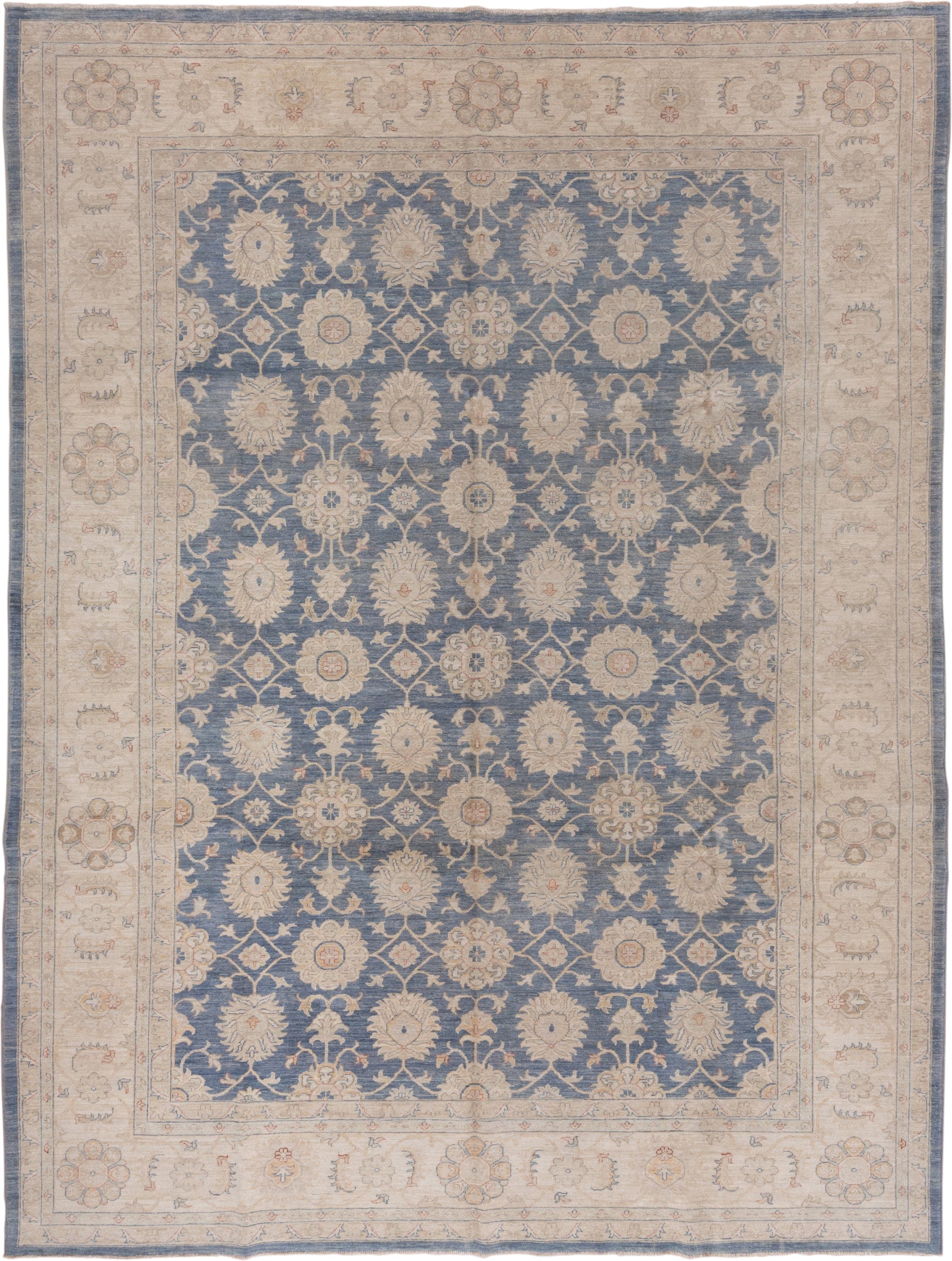 9' x 12' one-of-a-kind handmade vintage Afghan large size rug. Color palette: ivory, blue, beige, taupe, camel, slate