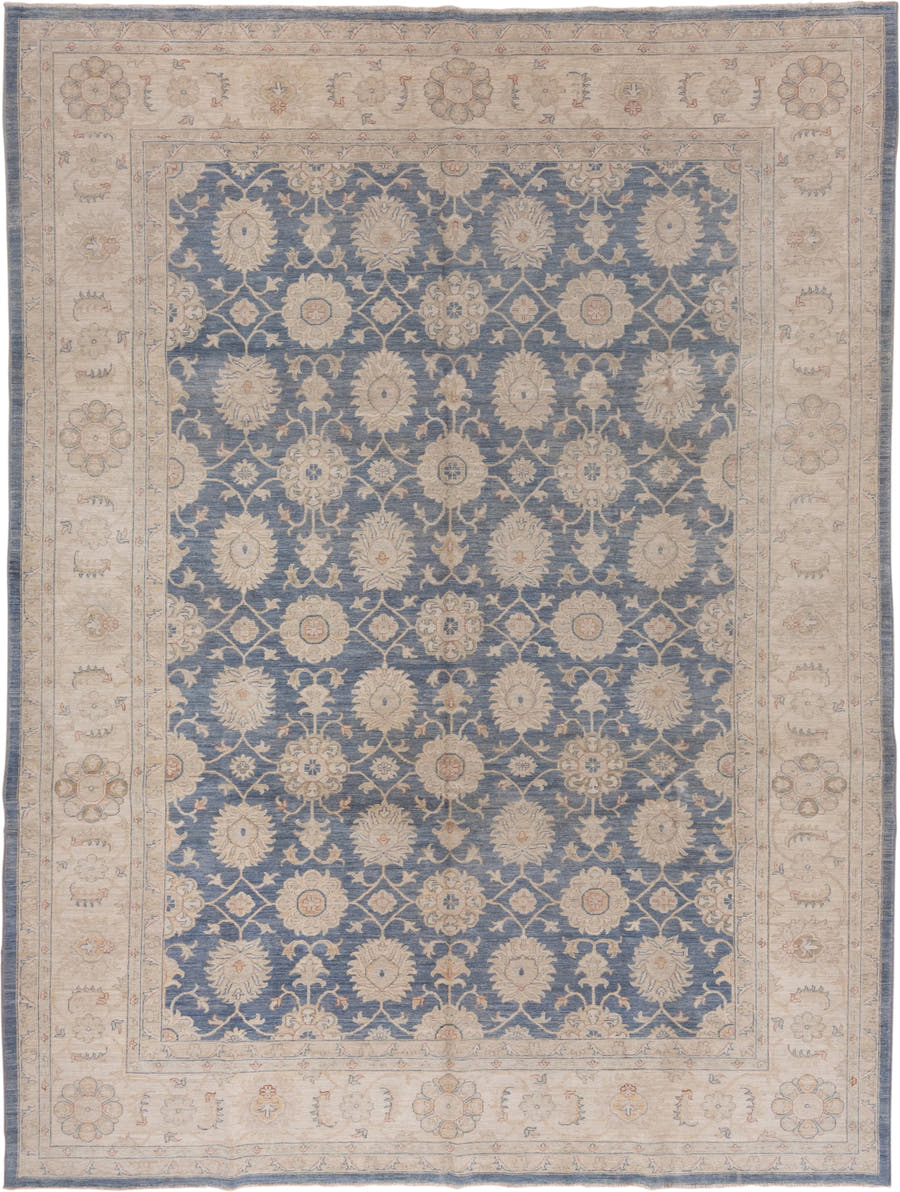 9' x 12' one-of-a-kind handmade vintage Afghan large size rug. Color palette: ivory, blue, beige, taupe, camel, slate