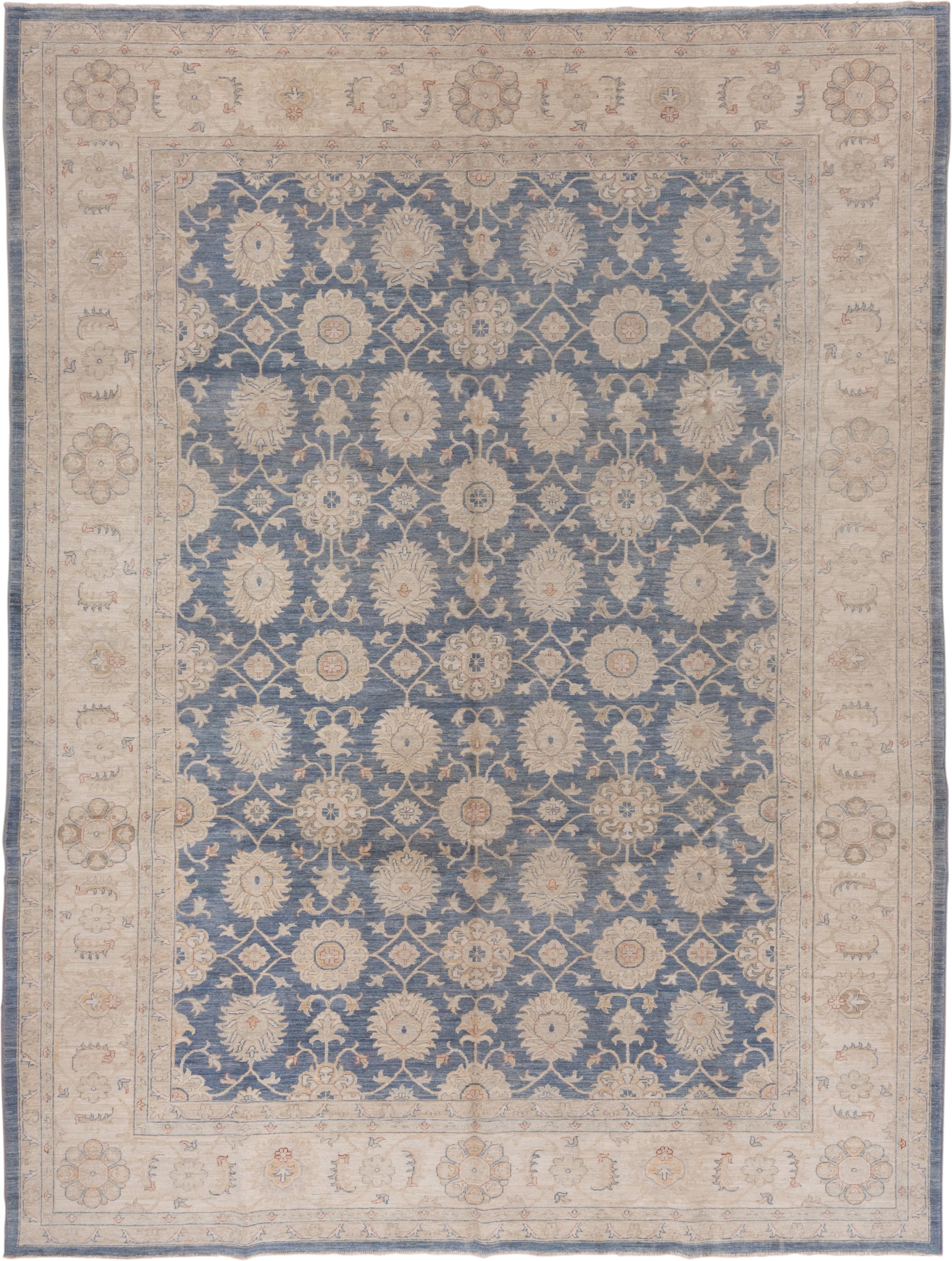 9' x 12' one-of-a-kind handmade vintage Afghan large size rug. Color palette: ivory, blue, beige, taupe, camel, slate