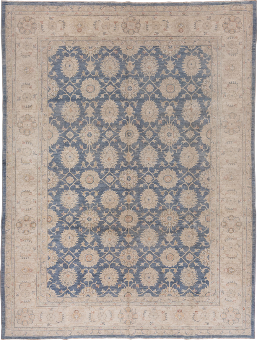 9' x 12' one-of-a-kind handmade vintage Afghan large size rug. Color palette: ivory, blue, beige, taupe, camel, slate