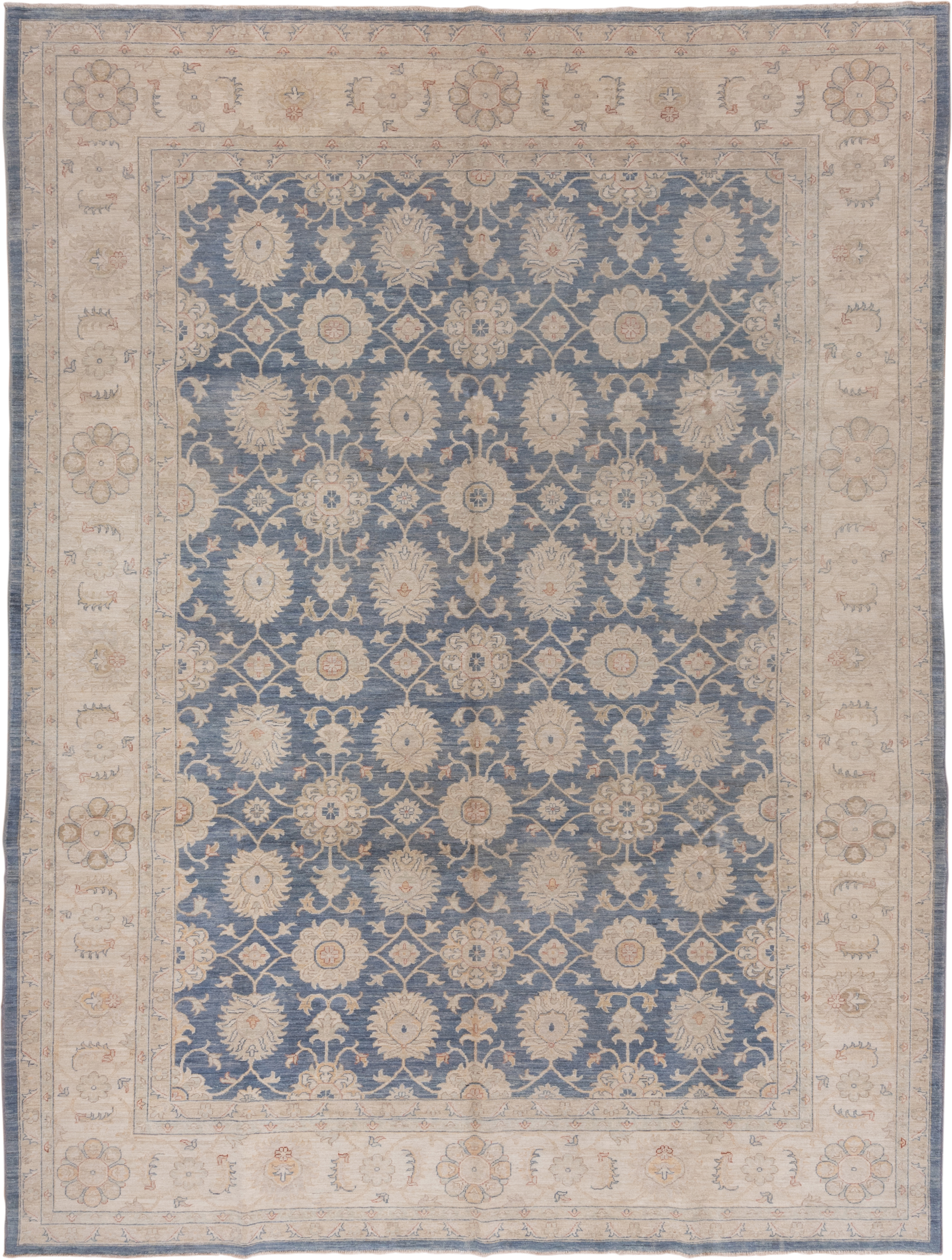 9' x 12' one-of-a-kind handmade vintage Afghan large size rug. Color palette: ivory, blue, beige, taupe, camel, slate