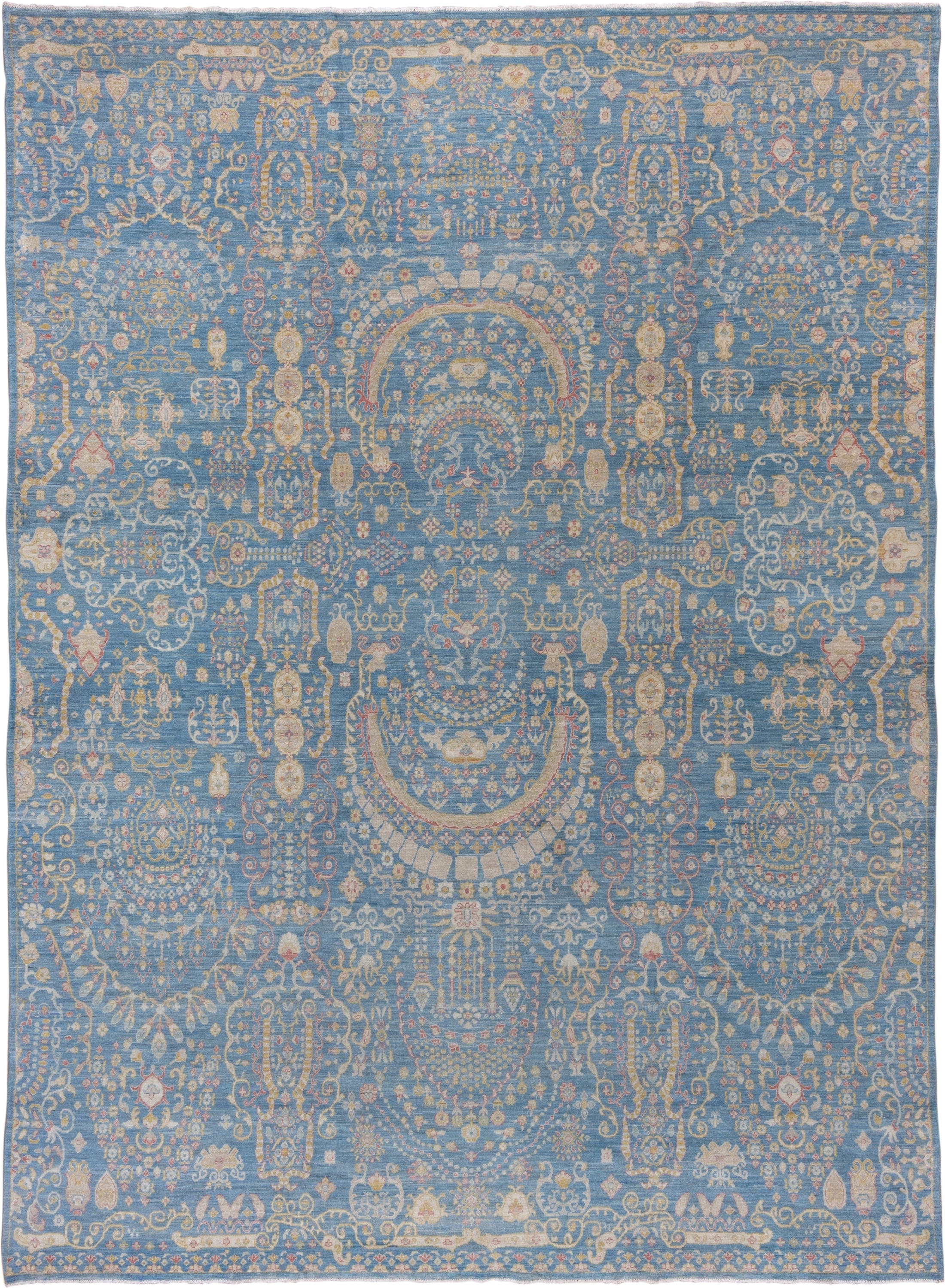 8' x 12' one-of-a-kind handmade vintage Afghan large size rug. Color palette: sky blue, ivory, gold, blush, beige, taupe
