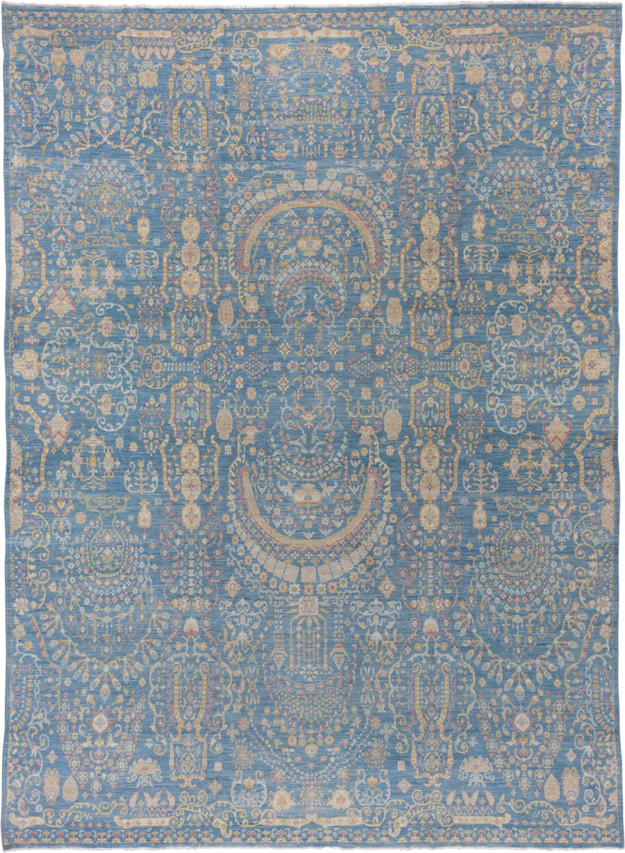 8' x 12' one-of-a-kind handmade vintage Afghan large size rug. Color palette: sky blue, ivory, gold, blush, beige, taupe