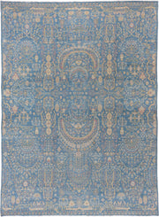 8' x 12' one-of-a-kind handmade vintage Afghan large size rug. Color palette: sky blue, ivory, gold, blush, beige, taupe
