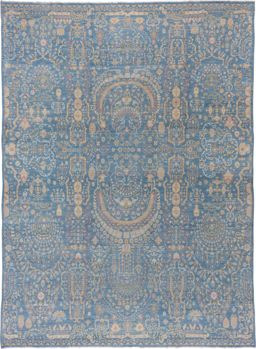 8' x 12' one-of-a-kind handmade vintage Afghan large size rug. Color palette: sky blue, ivory, gold, blush, beige, taupe