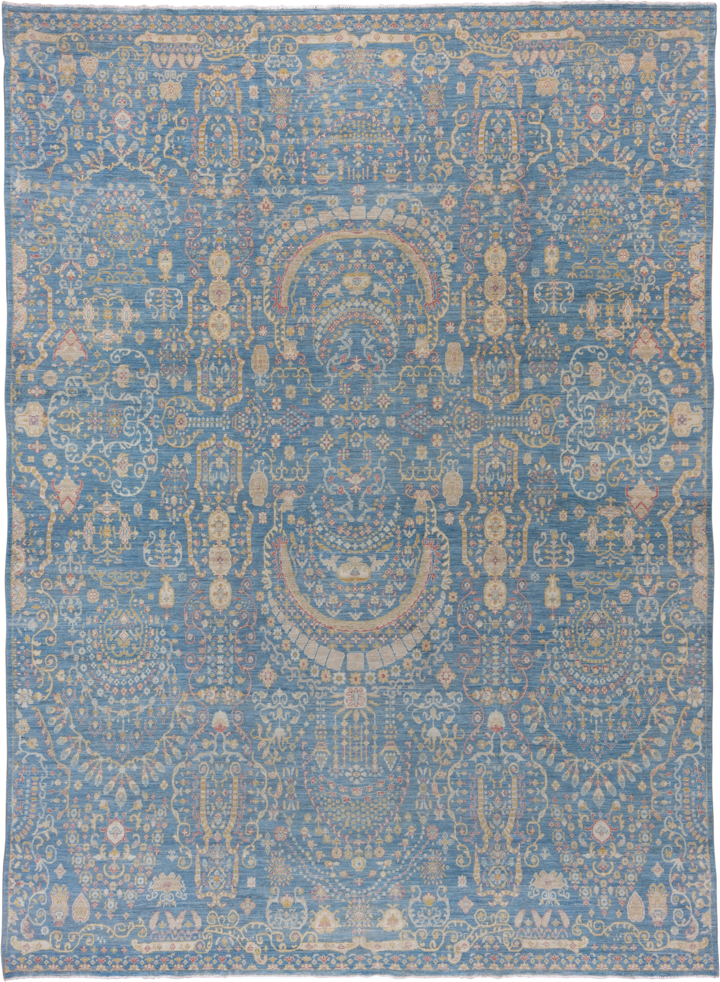 8' x 12' one-of-a-kind handmade vintage Afghan large size rug. Color palette: sky blue, ivory, gold, blush, beige, taupe