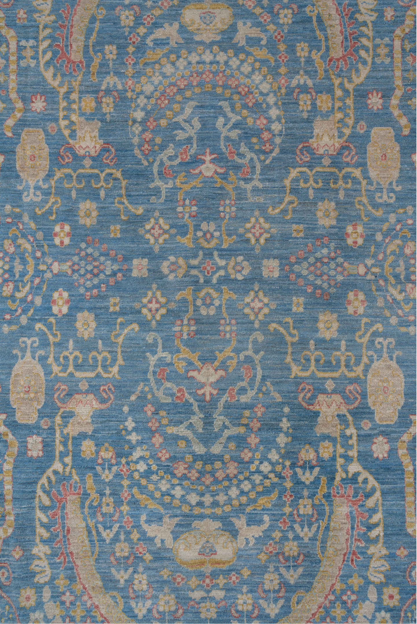 8' x 12' one-of-a-kind handmade vintage Afghan large size rug. Color palette: sky blue, ivory, gold, blush, beige, taupe