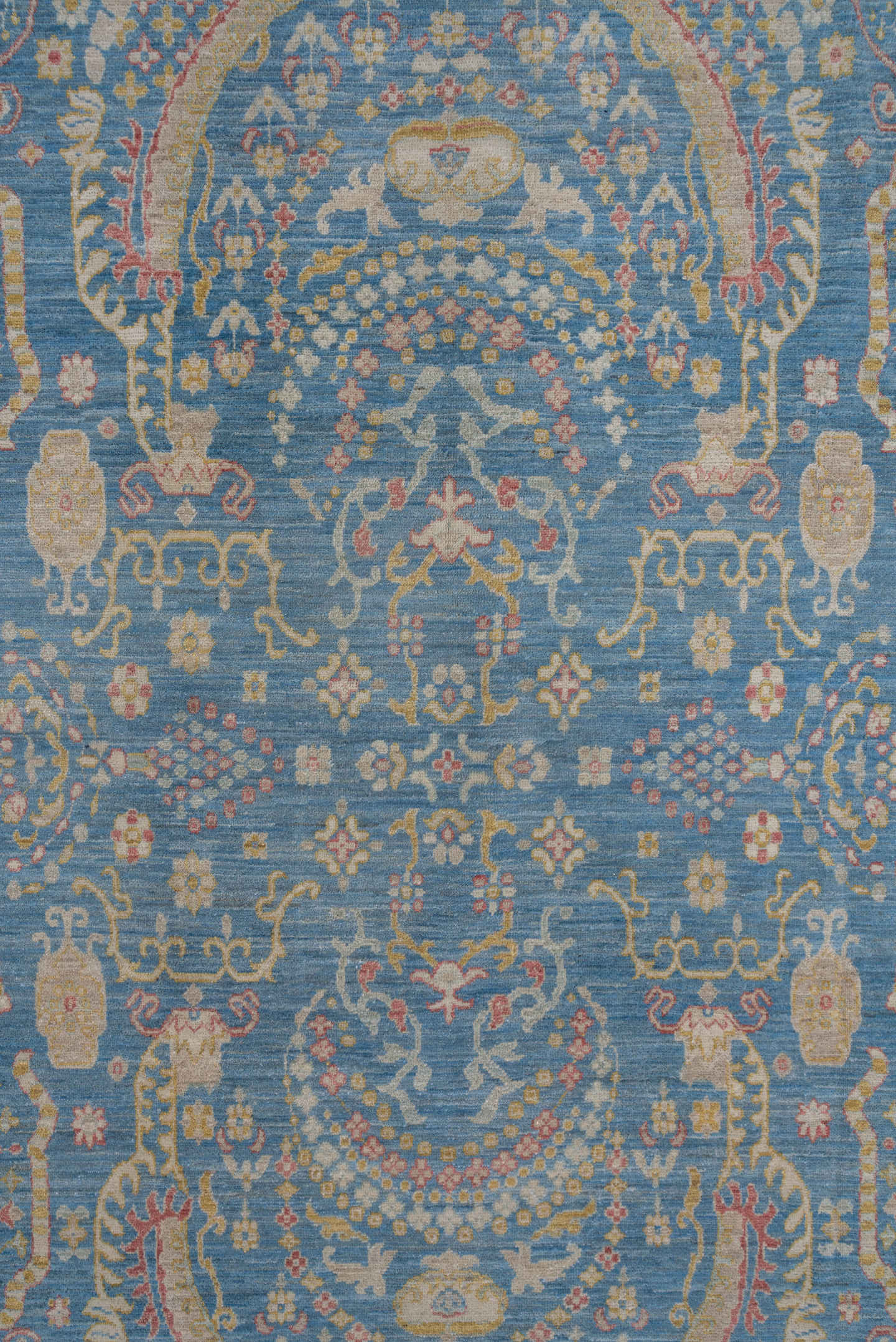 8' x 12' one-of-a-kind handmade vintage Afghan large size rug. Color palette: sky blue, ivory, gold, blush, beige, taupe