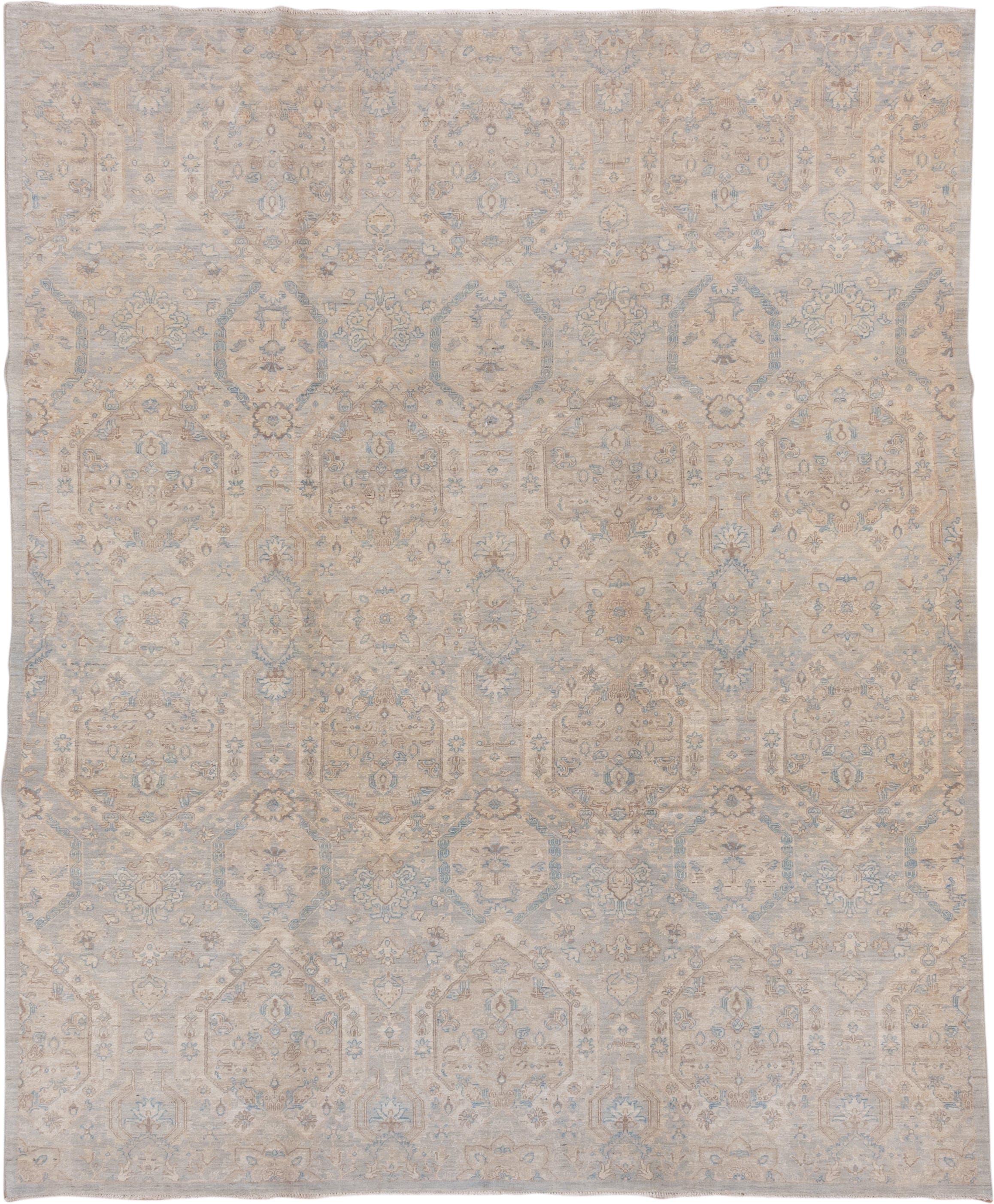 8' x 9' one-of-a-kind handmade vintage Afghan rug. Color palette: ivory, light blue, beige, taupe, cream, pale gray, gray