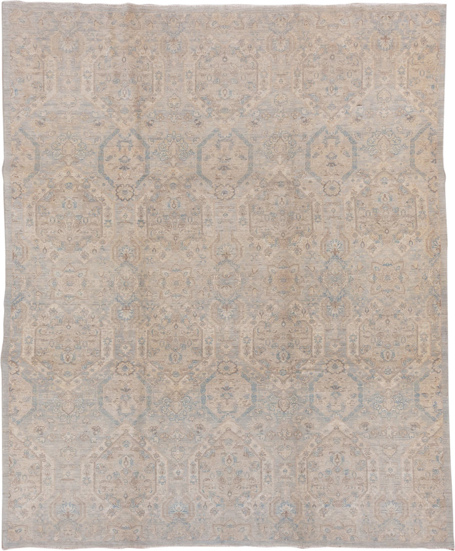 8' x 9' one-of-a-kind handmade vintage Afghan rug. Color palette: ivory, light blue, beige, taupe, cream, pale gray, gray