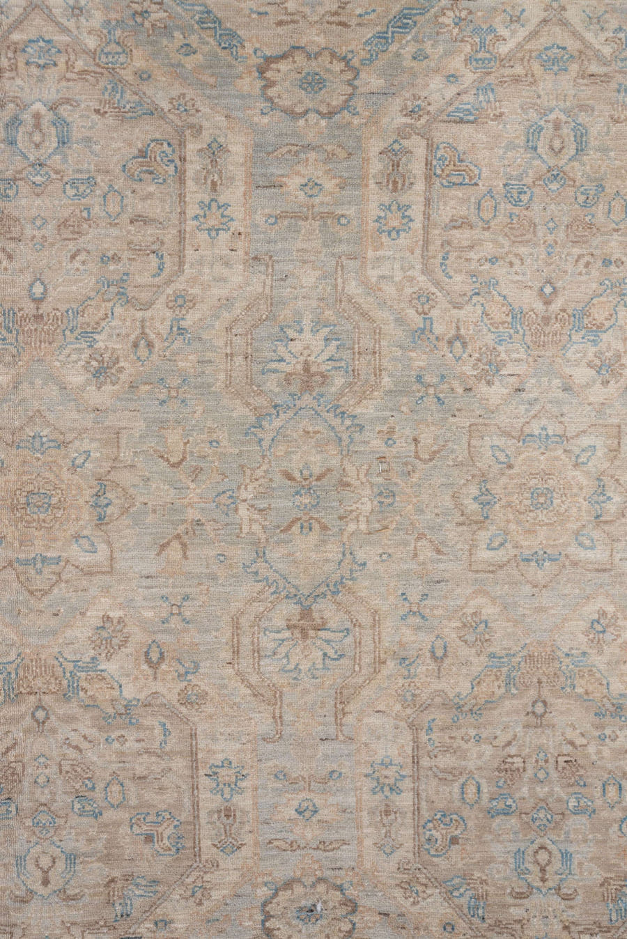8' x 9' one-of-a-kind handmade vintage Afghan rug. Color palette: ivory, light blue, beige, taupe, cream, pale gray, gray