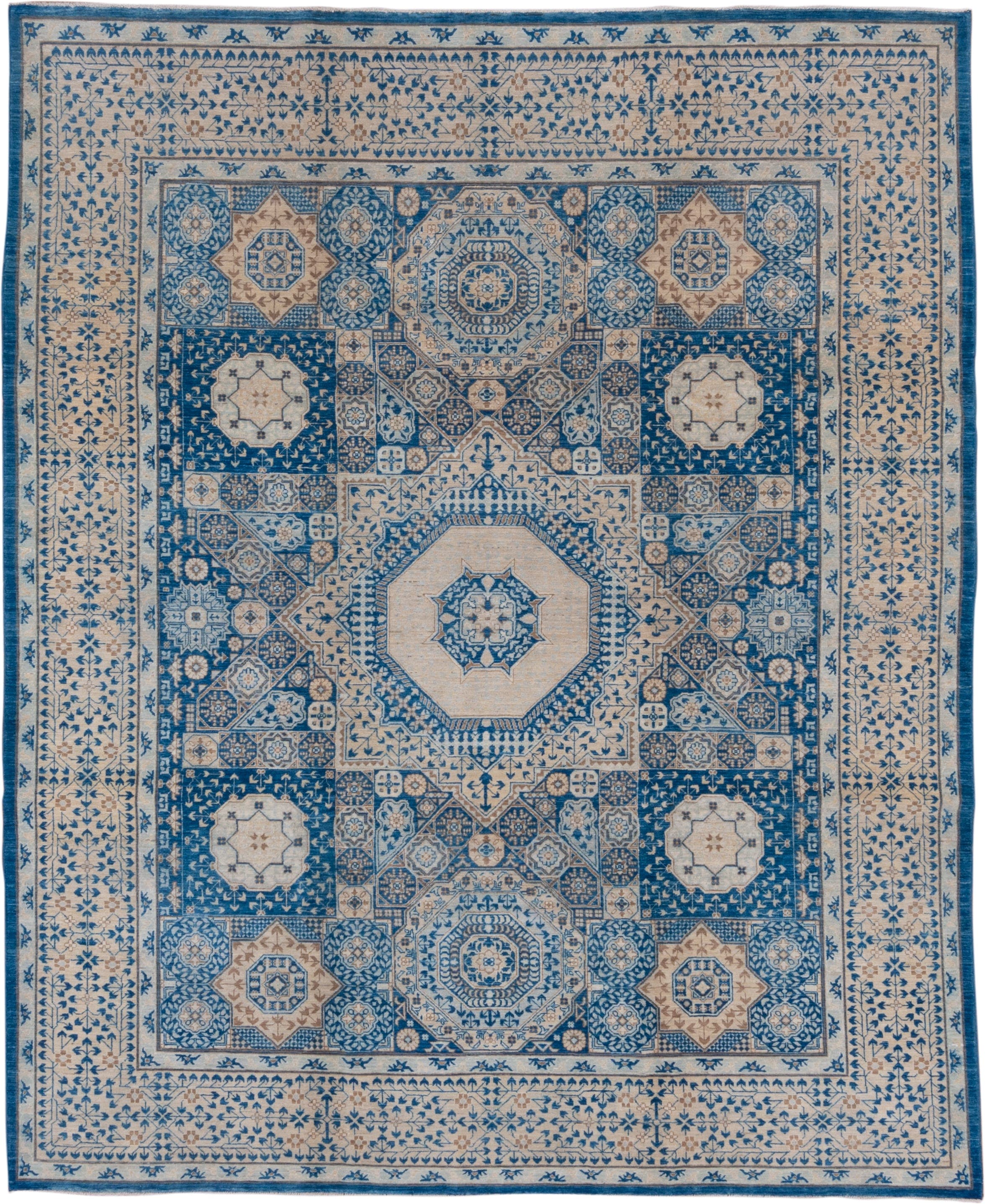 8' x 10' one-of-a-kind handmade vintage Afghan large size rug. Color palette: ivory, blue, camel, taupe, slate, beige, gray