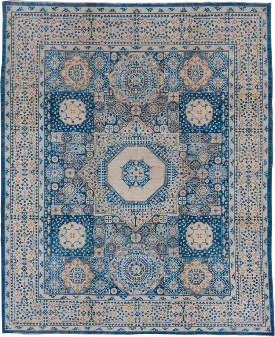 8' x 10' one-of-a-kind handmade vintage Afghan large size rug. Color palette: ivory, blue, camel, taupe, slate, beige, gray
