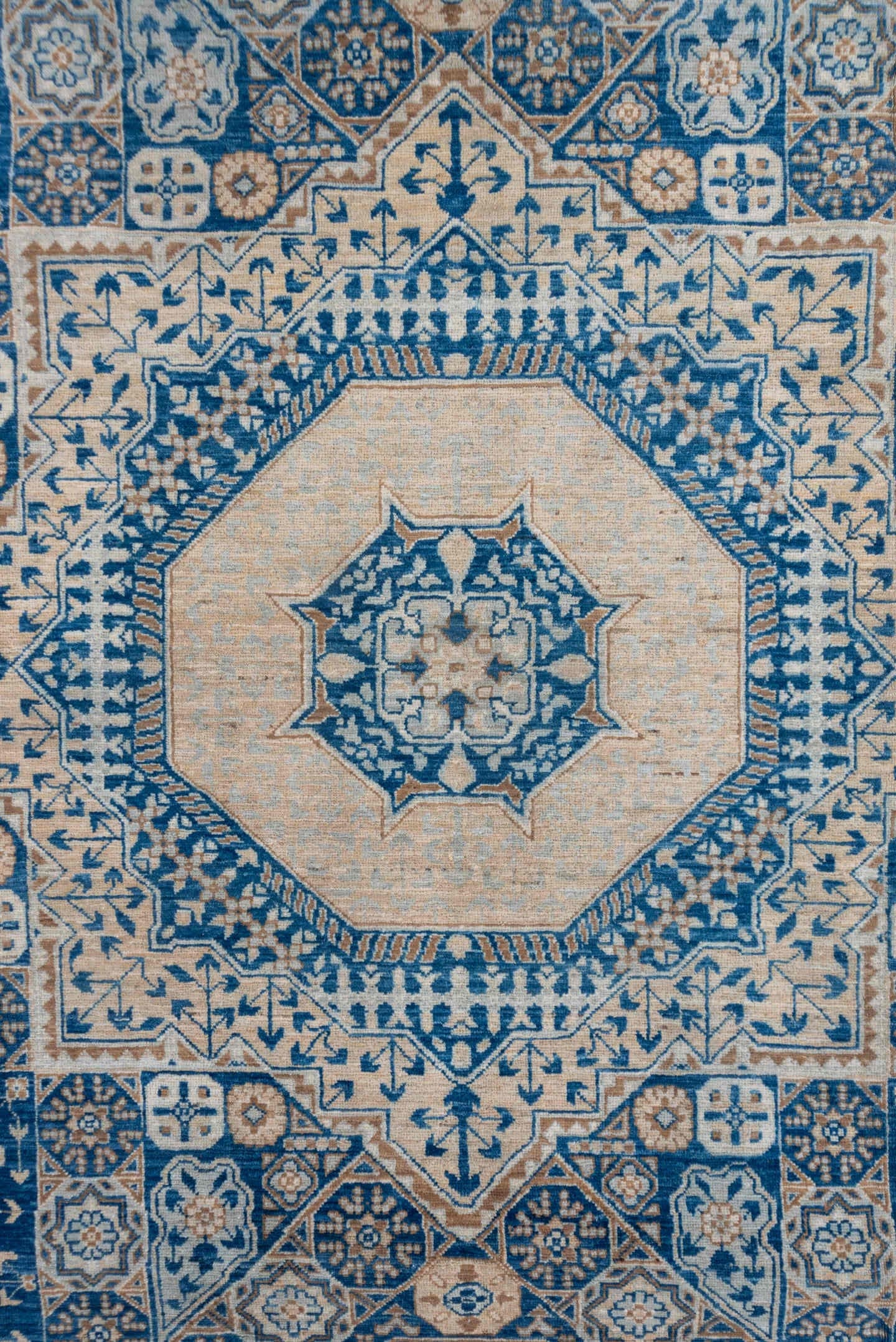 8' x 10' one-of-a-kind handmade vintage Afghan large size rug. Color palette: ivory, blue, camel, taupe, slate, beige, gray