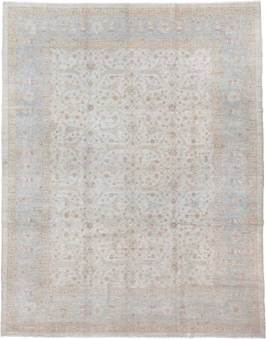 9' x 11' one-of-a-kind handmade vintage Afghan large size rug. Color palette: ivory, pale blue, beige, blush, taupe
