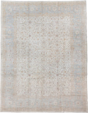 9' x 11' one-of-a-kind handmade vintage Afghan large size rug. Color palette: ivory, pale blue, beige, blush, taupe